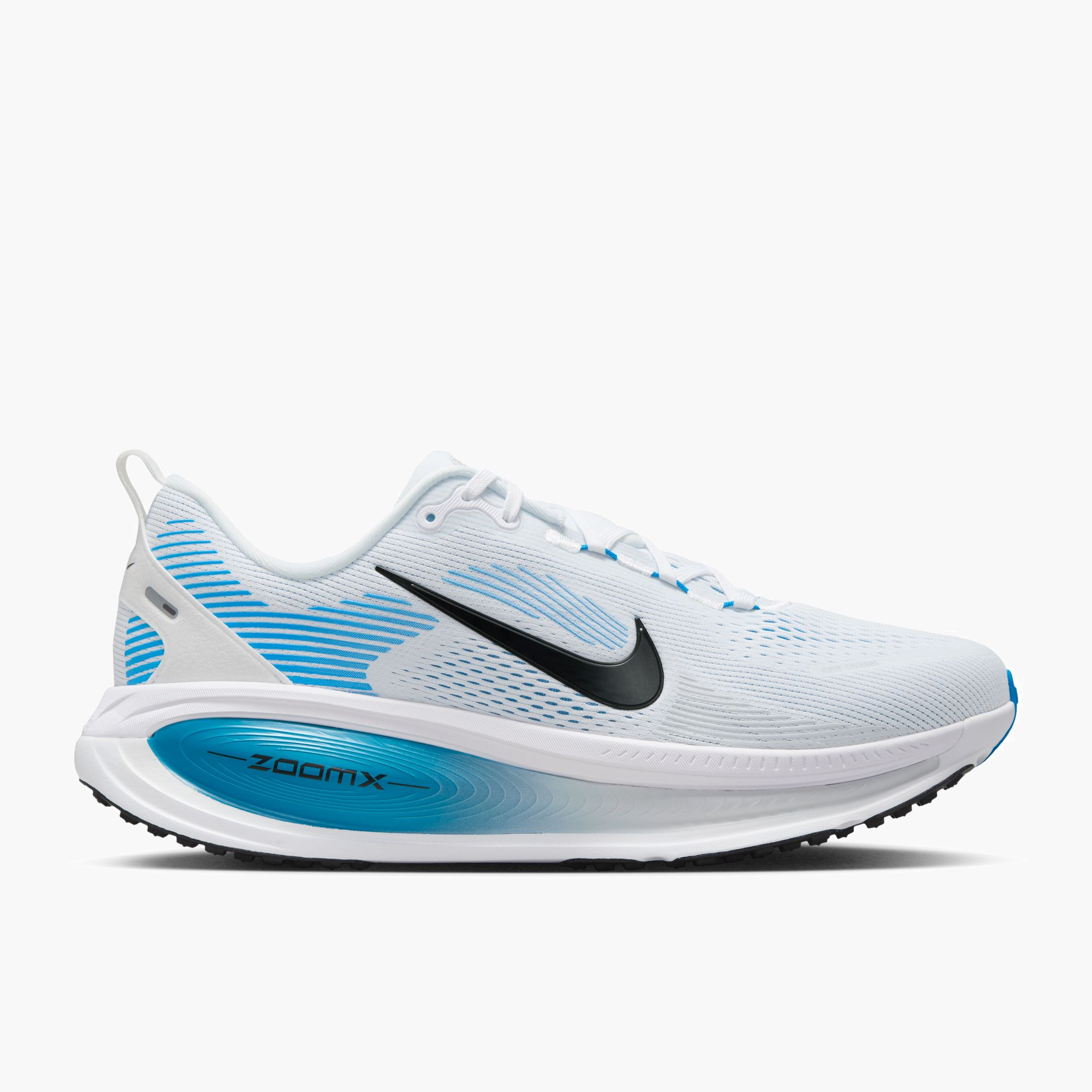 Lateral angle shot of Men's Vomero 18 in White / Black-Blue Hero