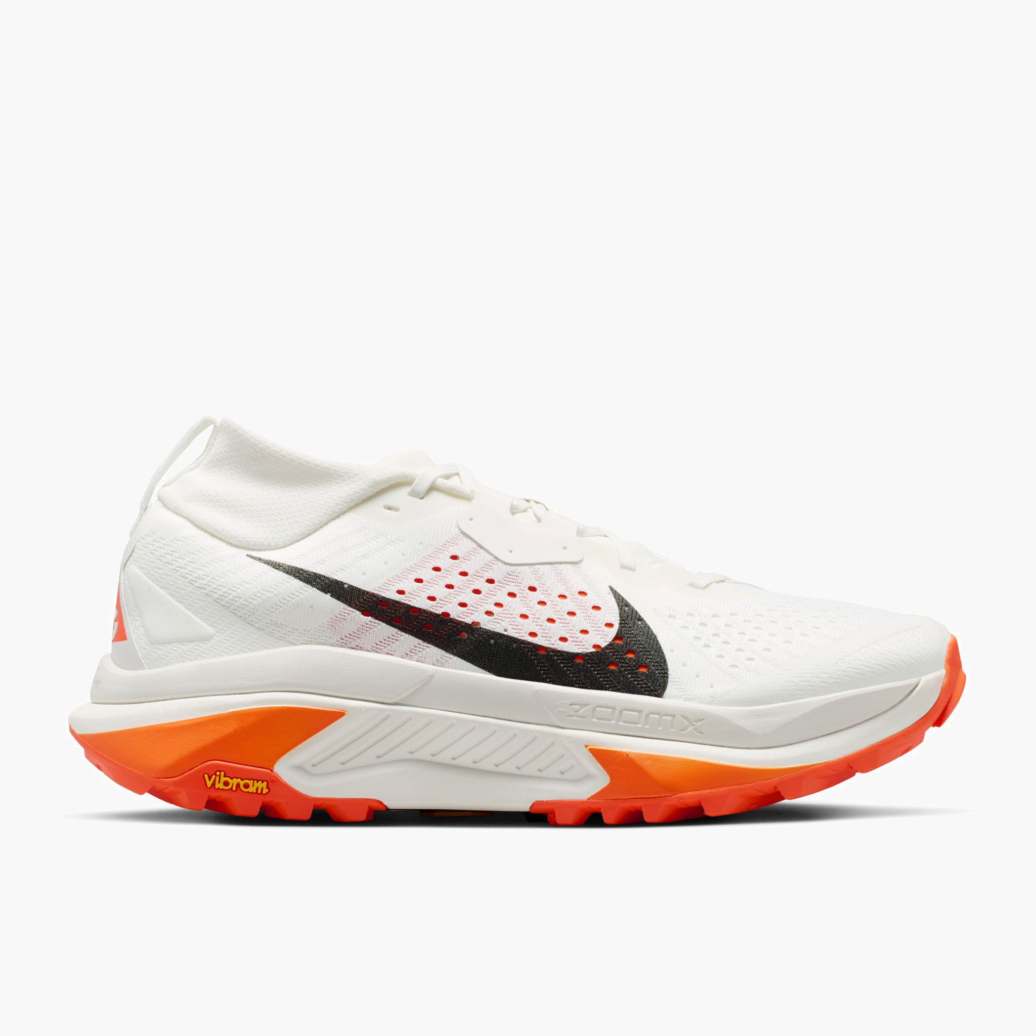 Lateral angle shot of Men's ACG Zegama in Summit White / Black-Phantom-Safety Orange