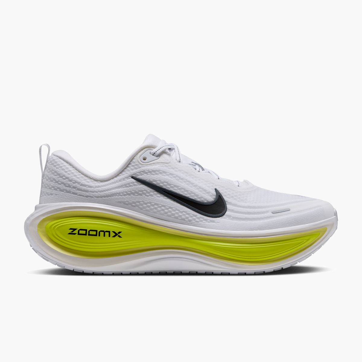 Lateral angle shot of Men's Vomero Plus in White / Black-Lemon Venom-Electric Yellow