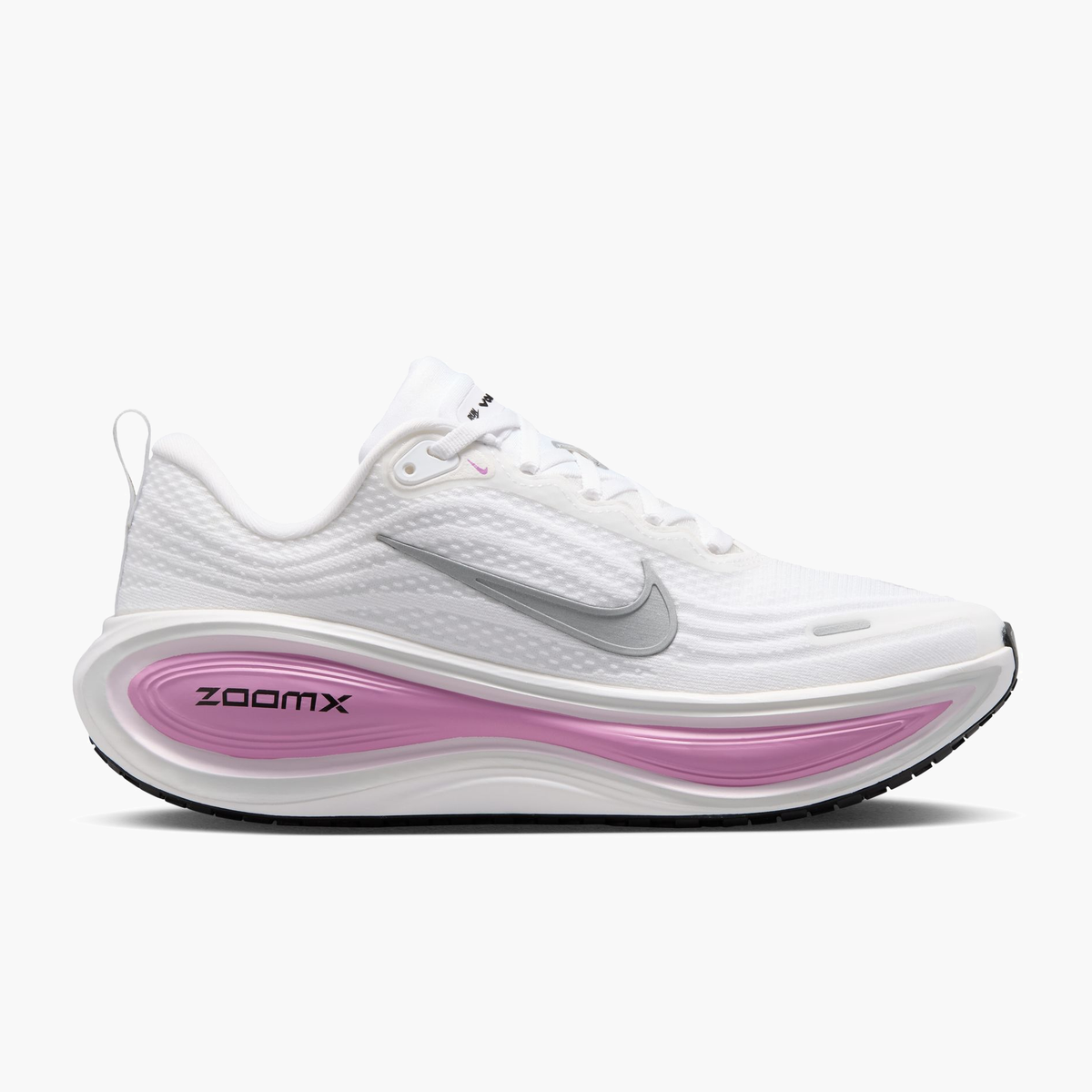 Lateral angle shot of Women's Vomero Plus in White / Metallic Silver-Bleached Lilac