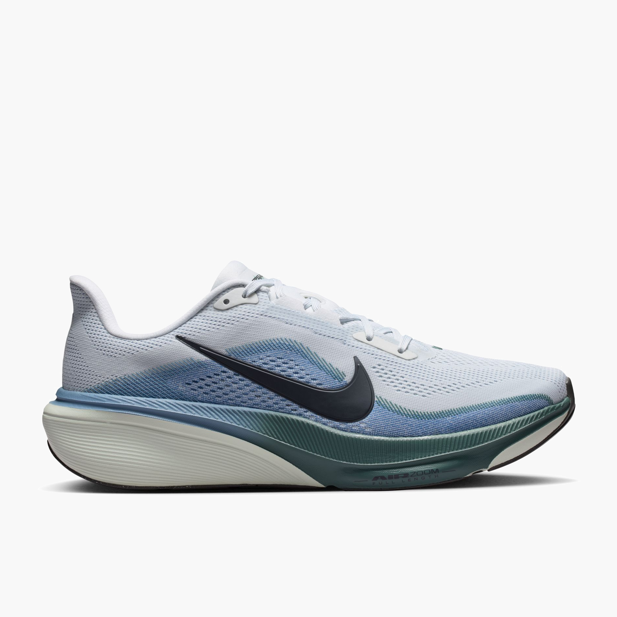 Lateral angle shot of Men's Pegasus 42 in Pure Platinum / Dark Obsidian-Work Blue