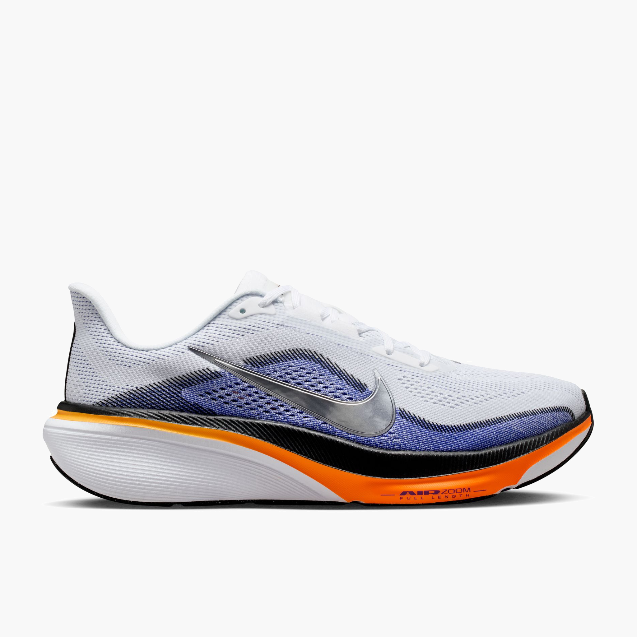 Lateral angle shot of Men's Pegasus 42 in White / Metallic Silver-Lapis-Total Orange