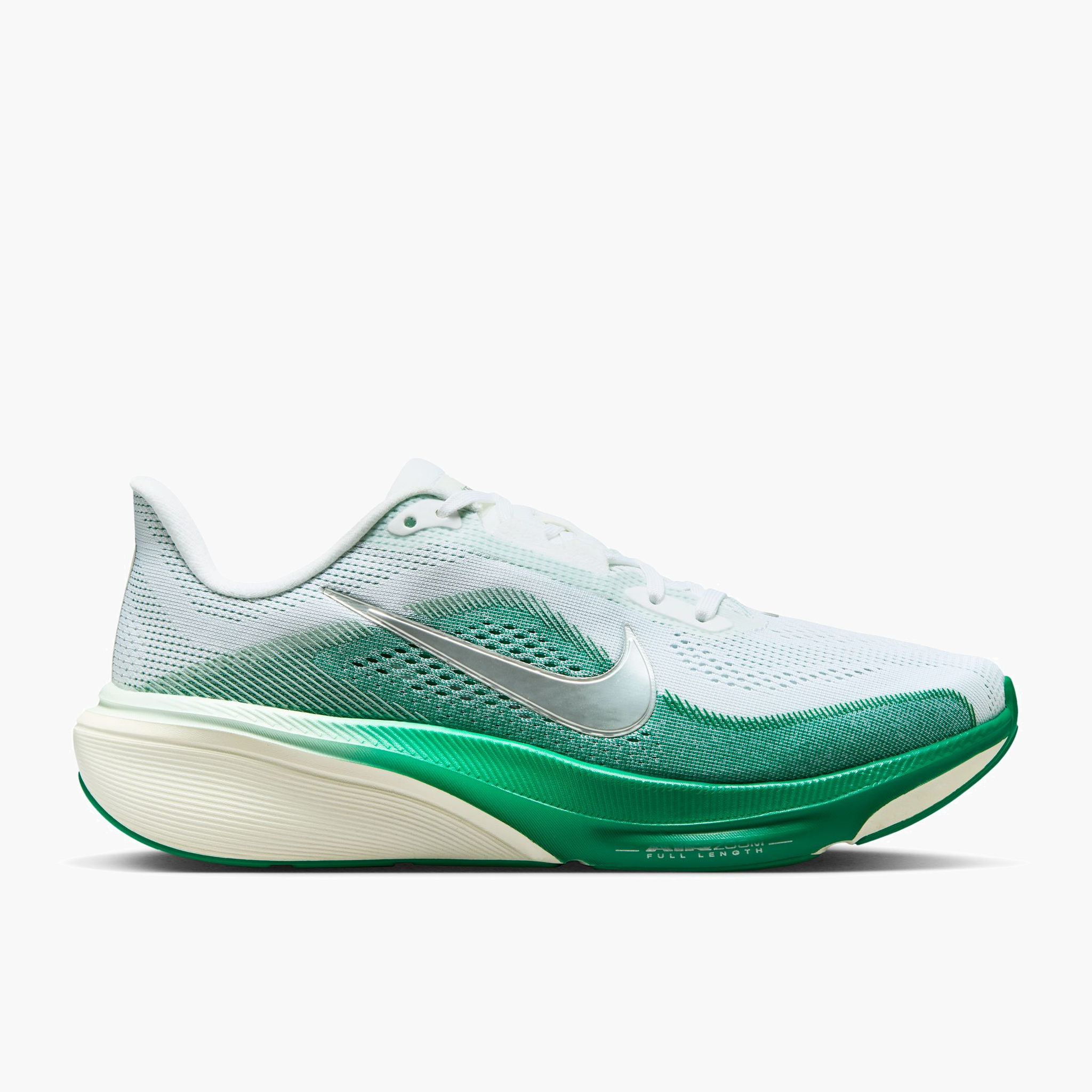 Lateral angle shot of Women's Pegasus 42 in White / Metallic Silver-Malachite