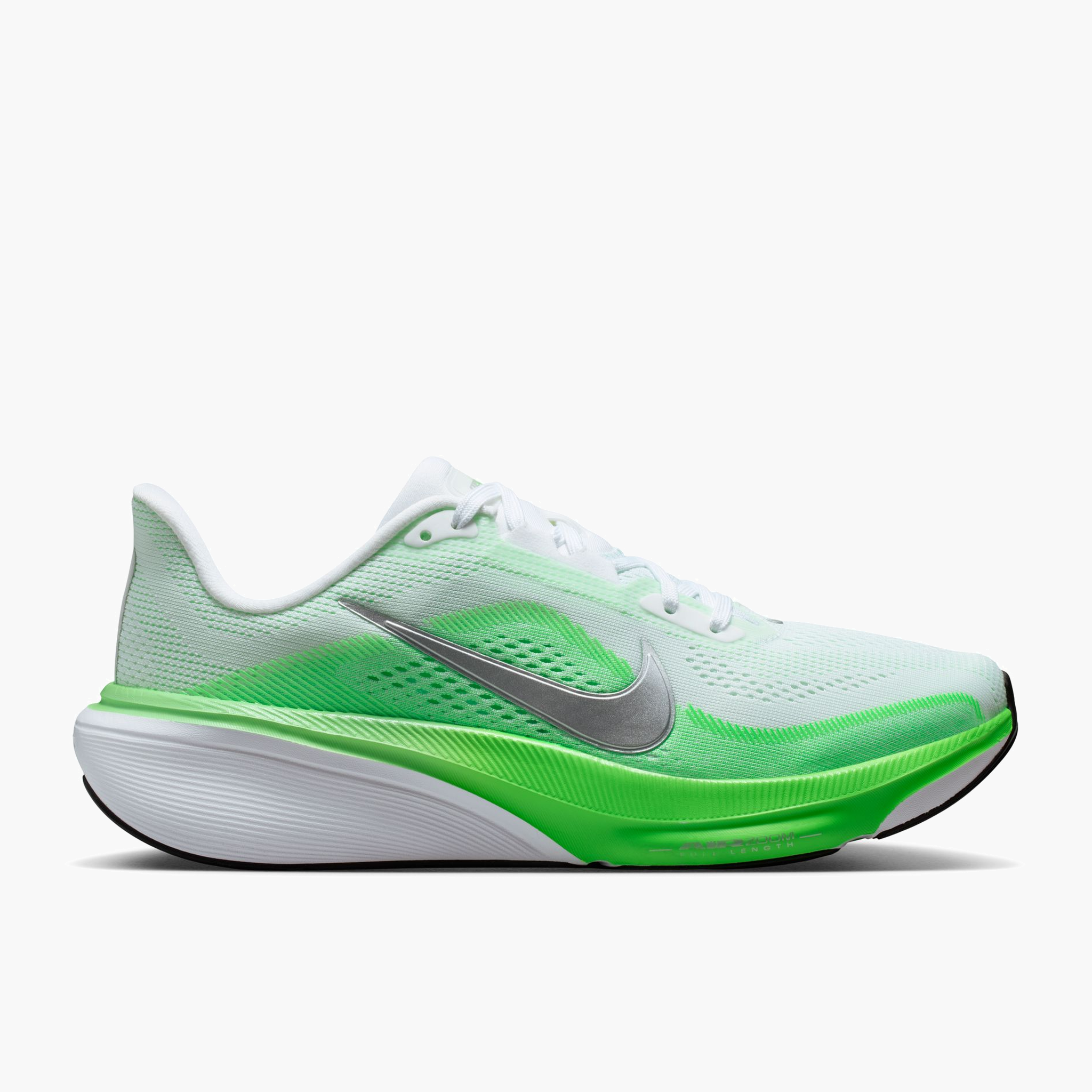 Lateral angle shot of Women's Pegasus 42 in White / Metallic Silver-Green Strike