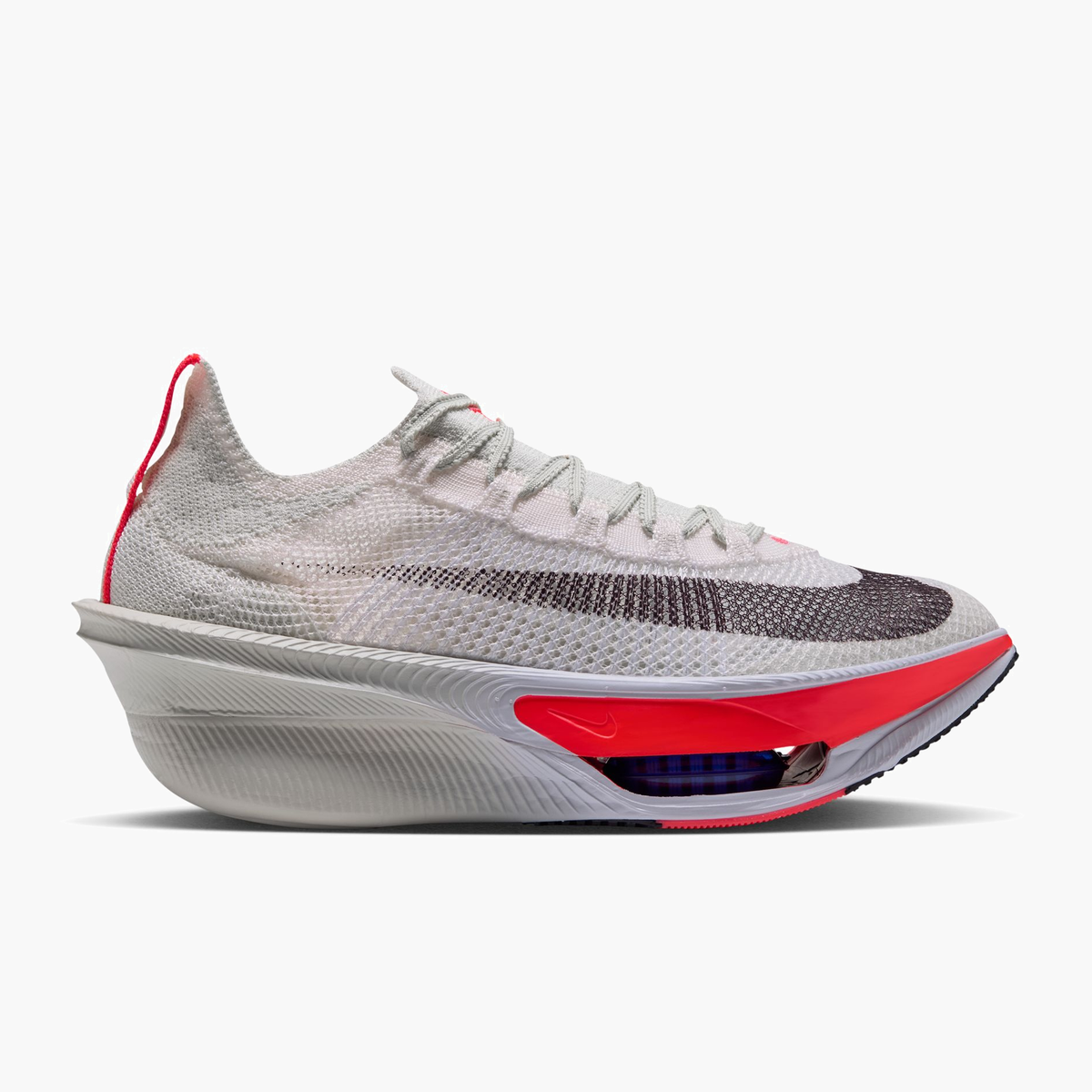 Lateral angle shot of Women's Alphafly 4 in Sea Glass / Burgundy Ash-Laser Crimson