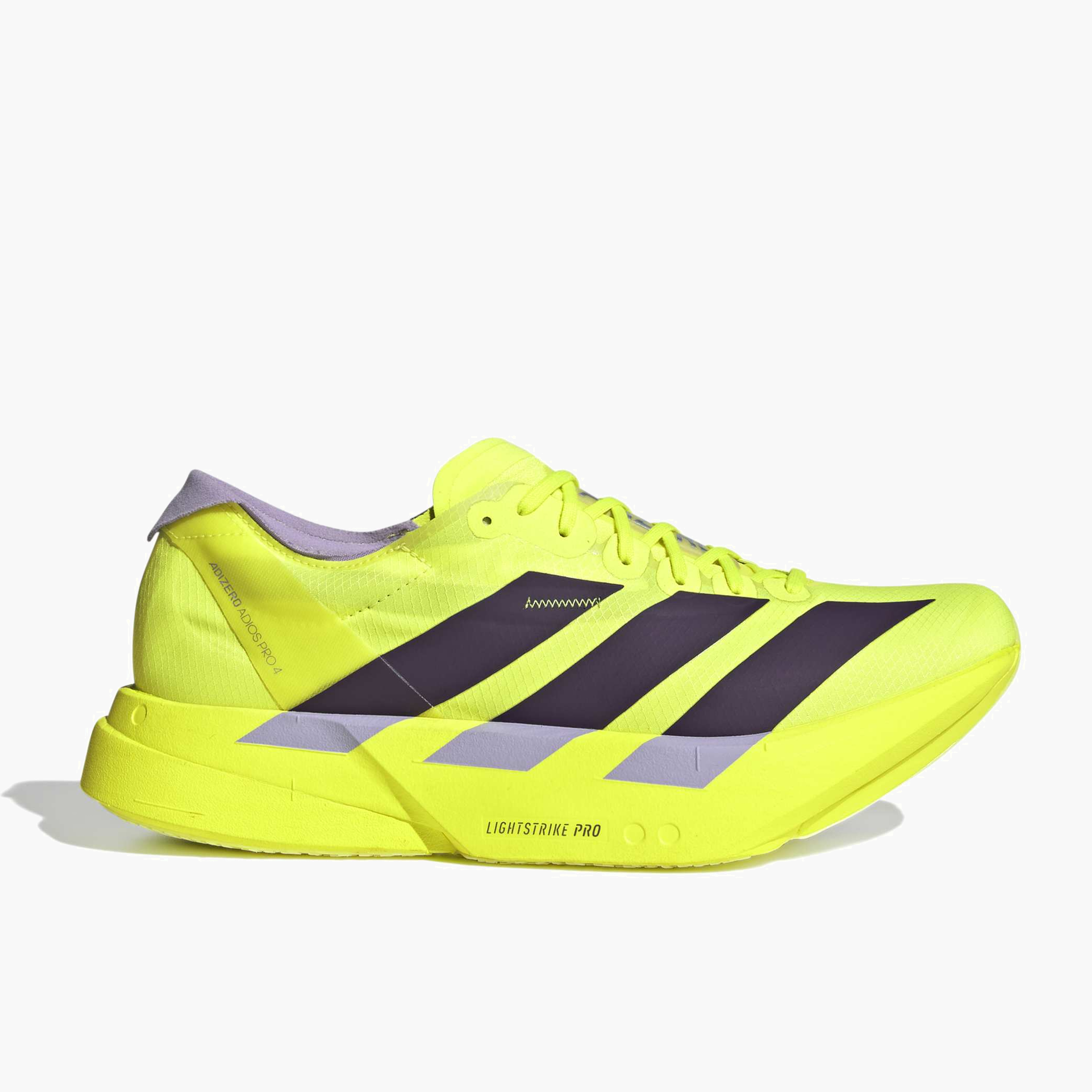 Lateral angle shot of Men's Adios Pro 4 in Syello / Aurplu / Powplu