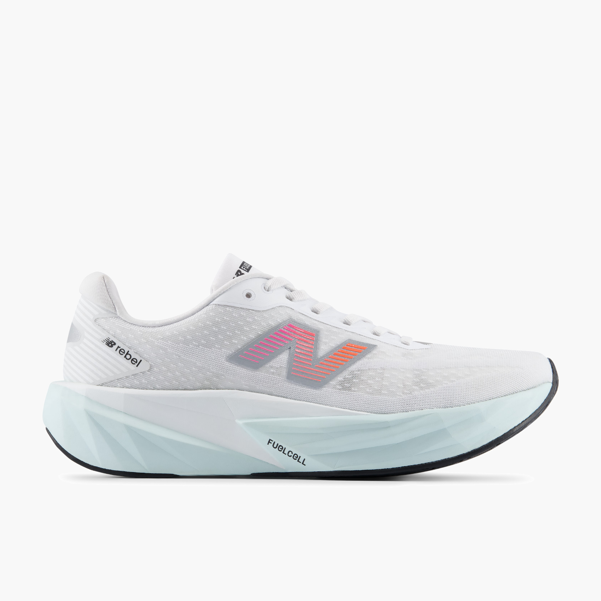 Lateral angle shot of Men's FuelCell Rebel v5 in White / Pinkheat / Glintblue