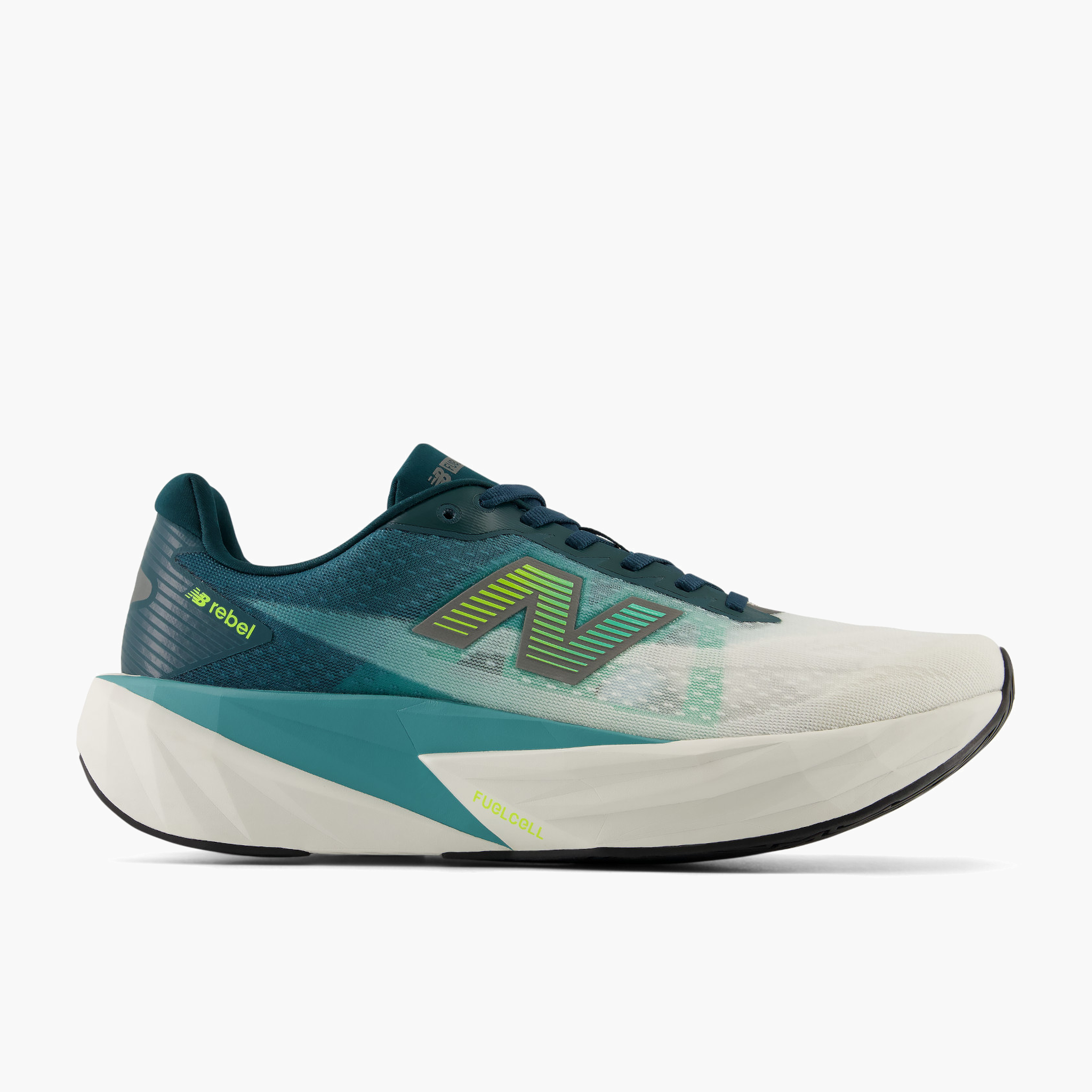 Lateral angle shot of Men's FuelCell Rebel v5 in Medusagreen / Fadedteal