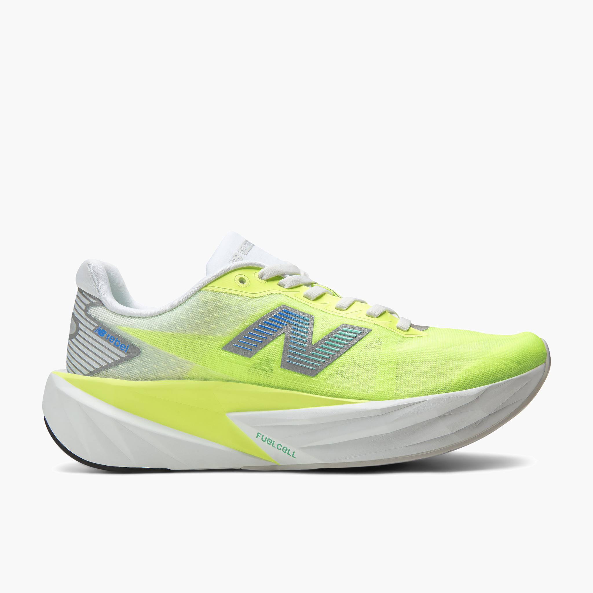 Lateral angle shot of Women's FuelCell Rebel v5 in Afterglow / Deepend