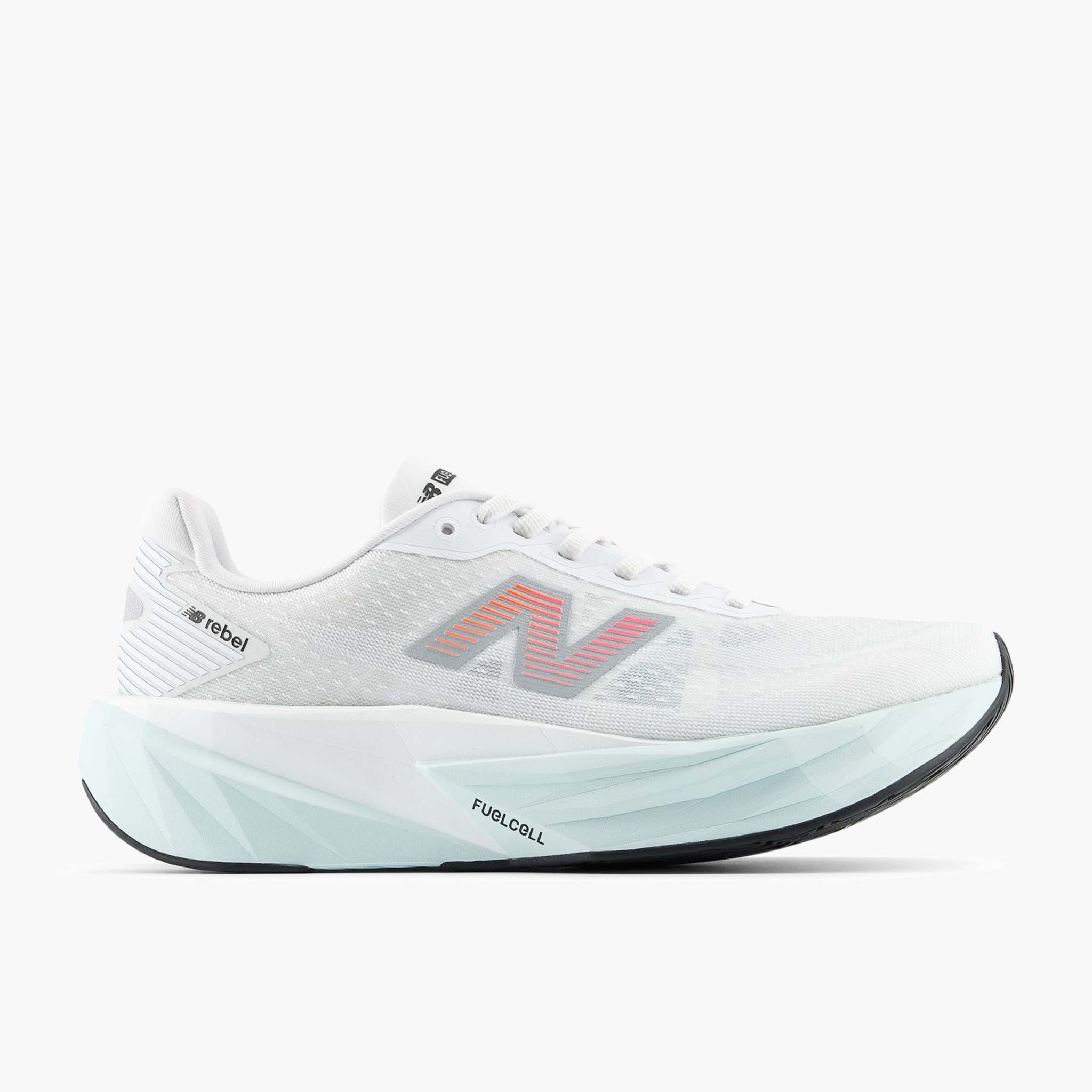 Lateral angle shot of Women's FuelCell Rebel v5 in White / Pinkheat / Glintblue