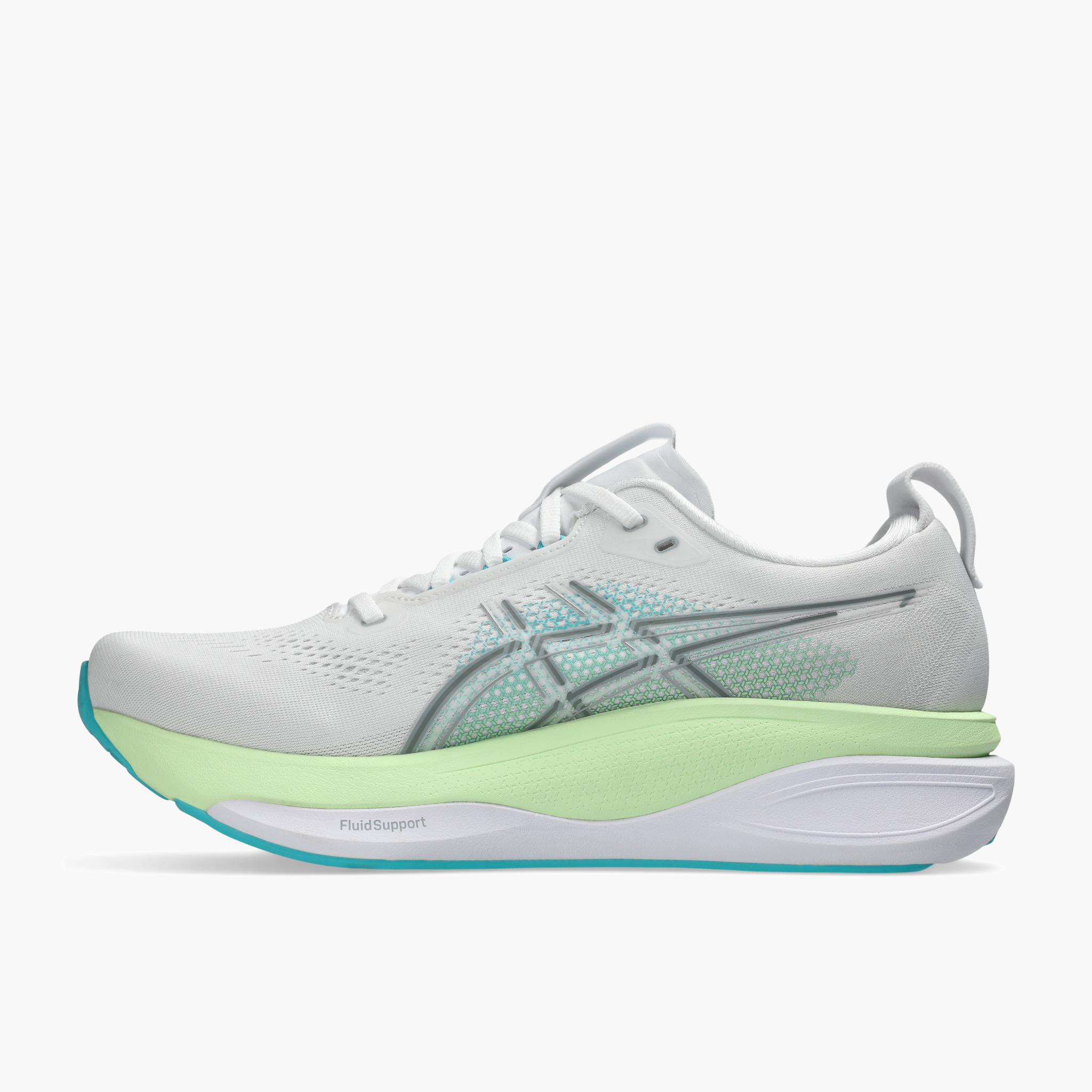Medial angle shot of Men's Gel-Kayano 33 in White / Energy Aqua