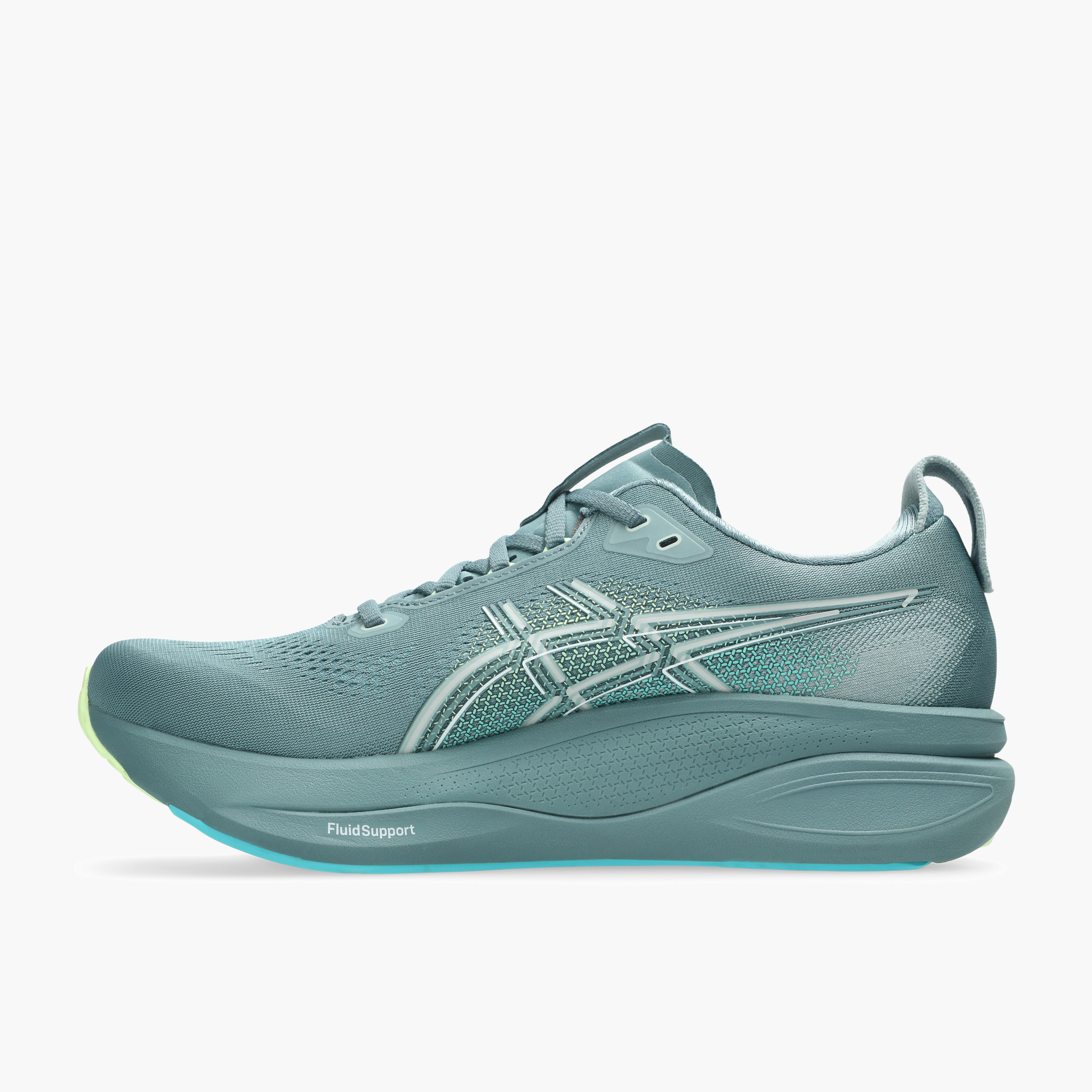 Medial angle shot of Men's Gel-Kayano 33 in Foggy Teal / Illuminate Yellow