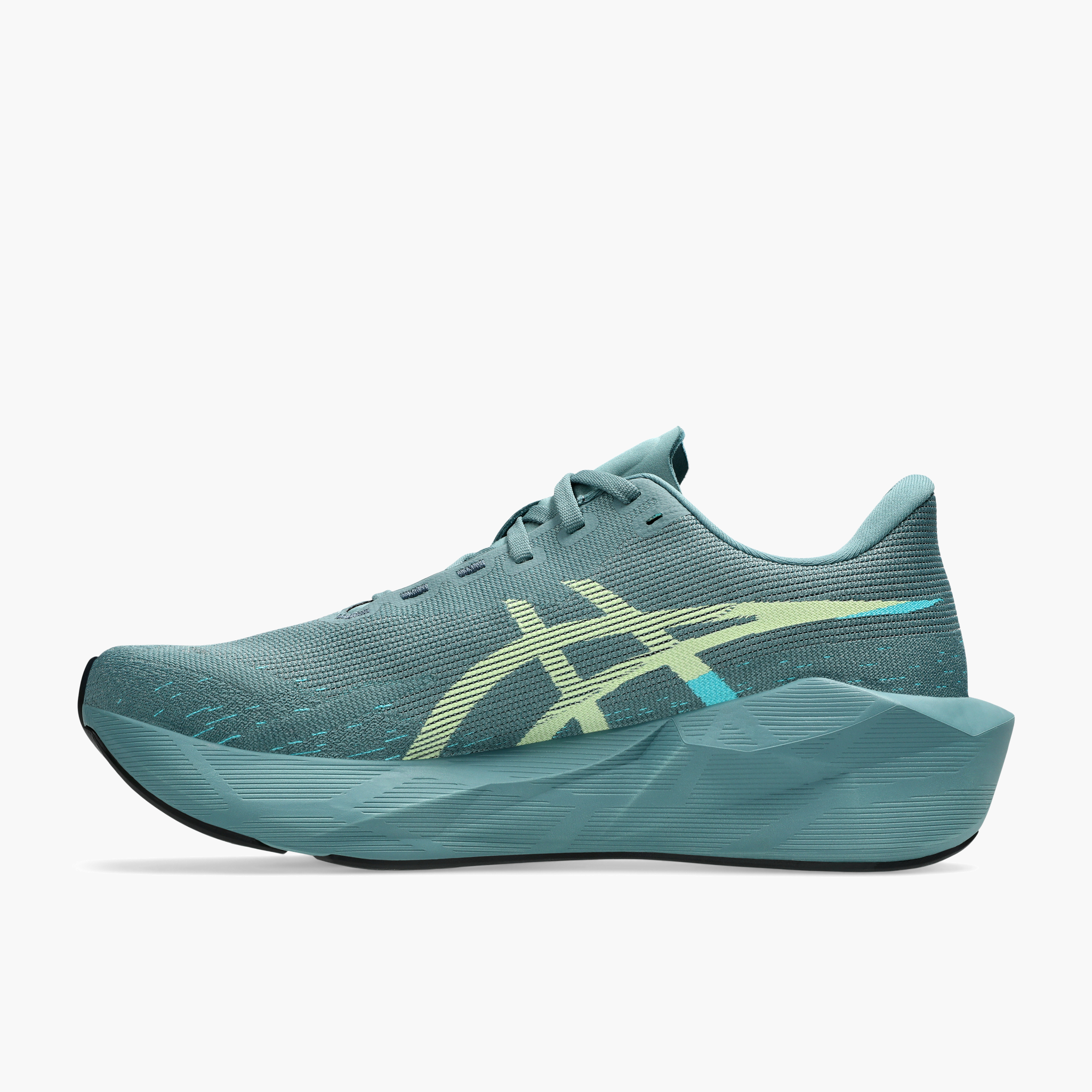 Medial angle shot of Men's Novablast 6 in Foggy Teal / Illuminate Yellow