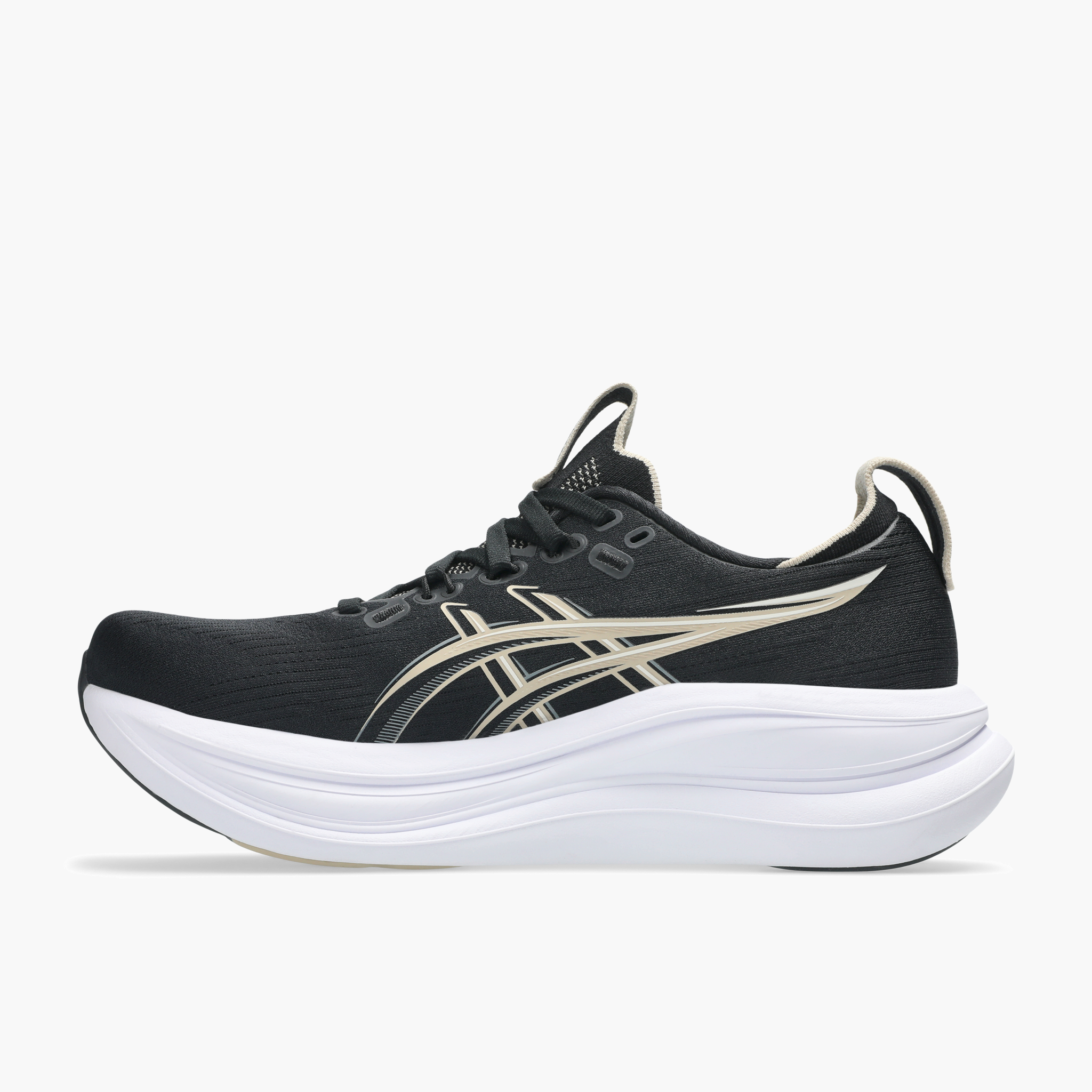 Medial angle shot of Women's Gel-Nimbus 28 in Black / Feather Grey