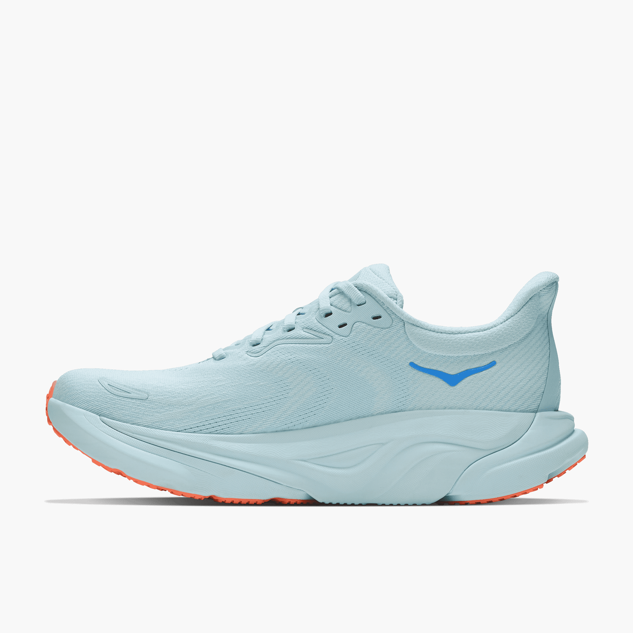 Medial angle shot of Women's Arahi 8 in Glimmering Blue  /  Neon Cantaloupe