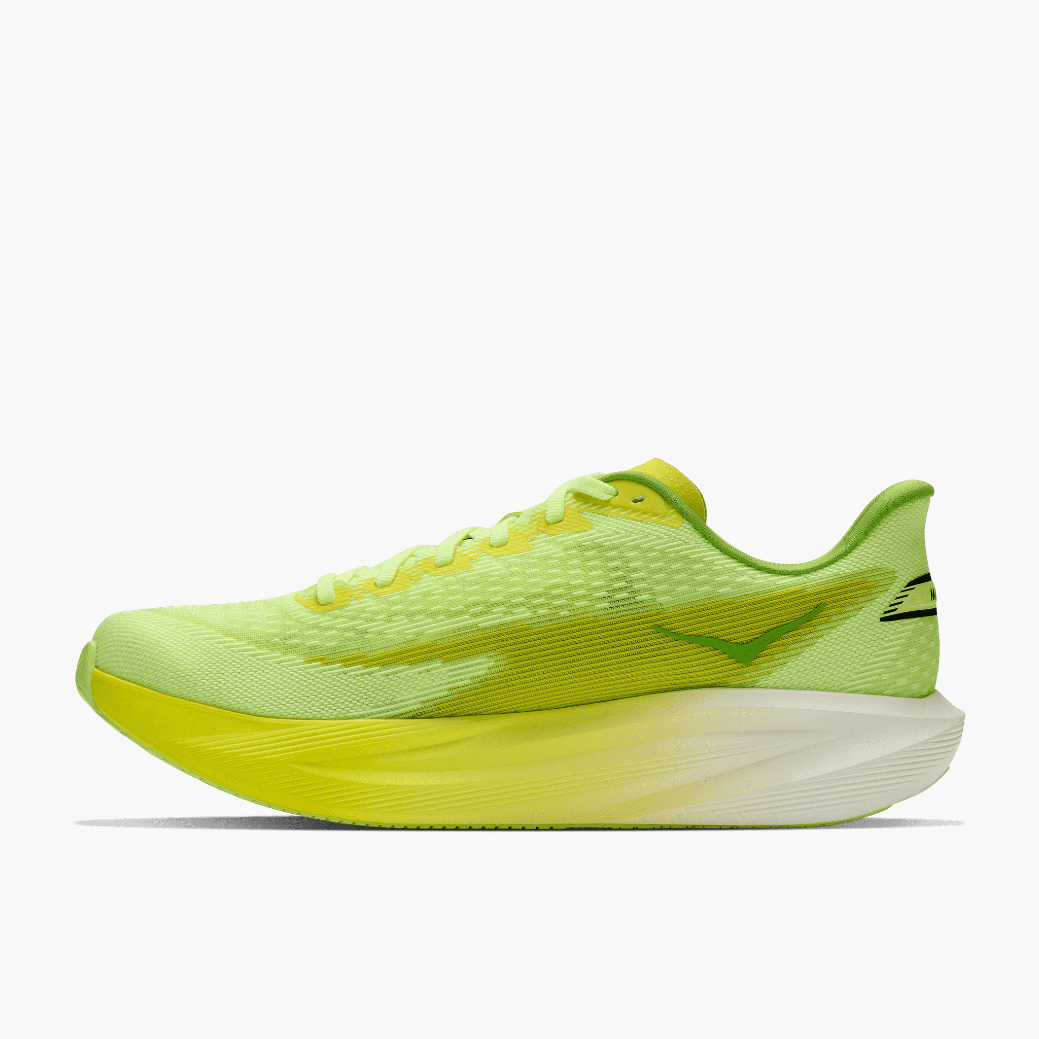 Medial angle shot of Men's Mach 7 in Neon Yuzu  /  Hoka Citrus