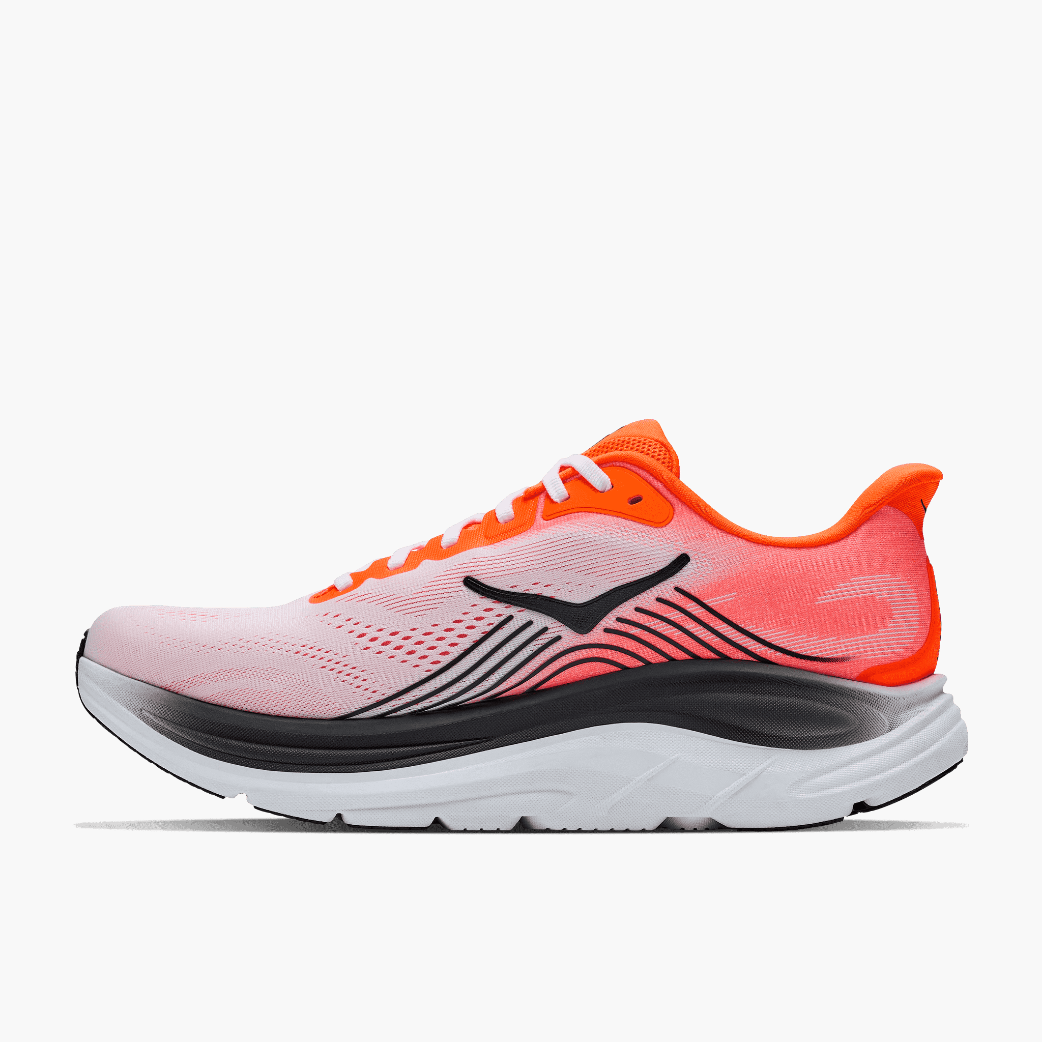Medial angle shot of Men's Clifton 11 in Neon Tangerine  /  Frost