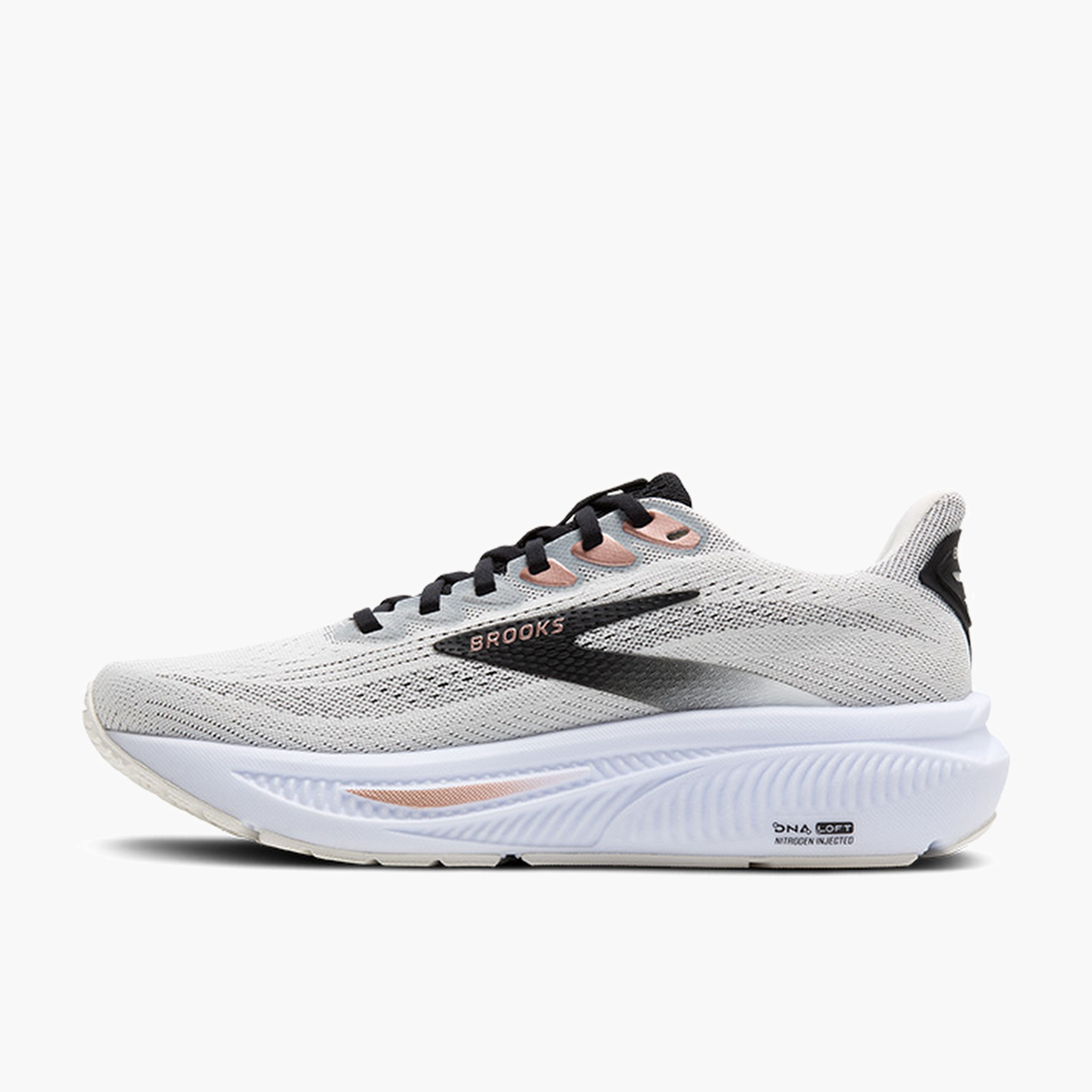 Medial angle shot of Women's Ghost 17 in White / Black / Rose Gold