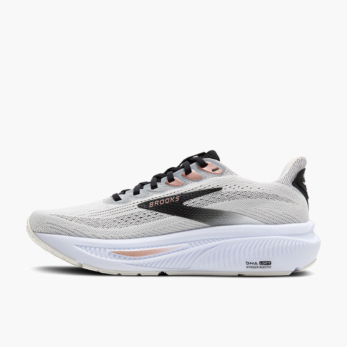 Medial angle shot of Women's Ghost 17 in White / Black / Rose Gold