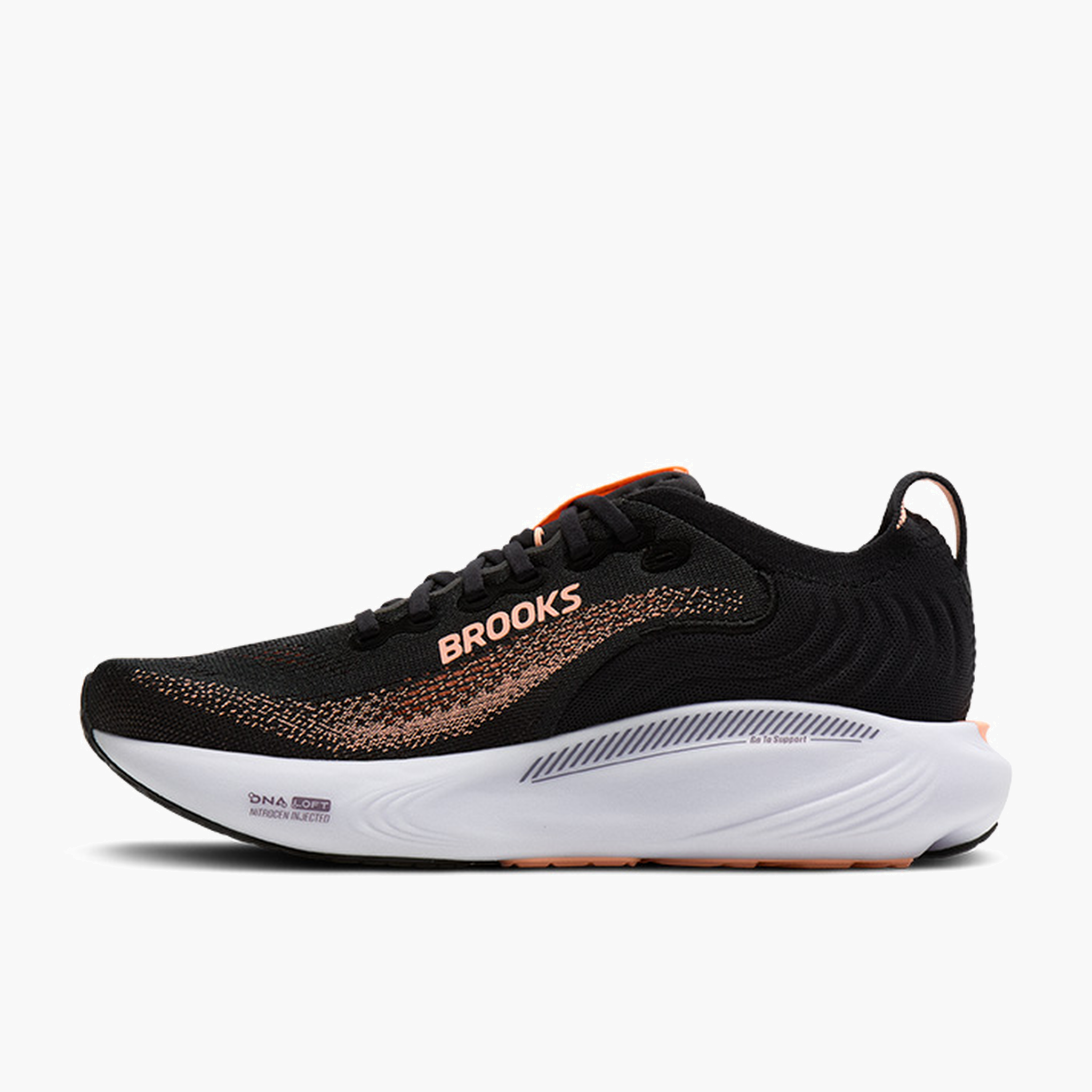 Medial angle shot of Women's Adrenaline GTS 25 in Black / Peach / Mulled Grape