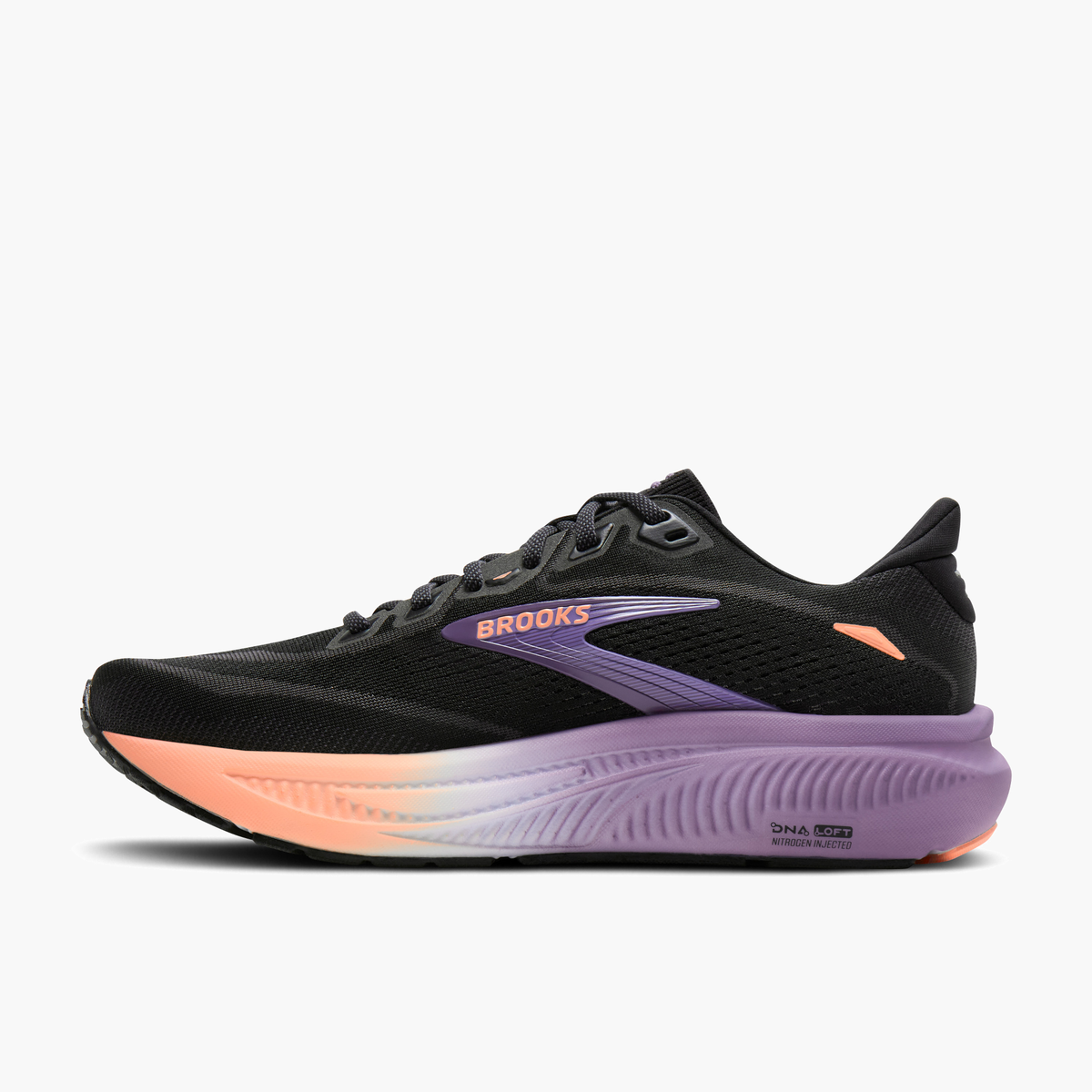 Medial angle shot of Women's Ghost 18 in Black / Mulled Grape / Peach