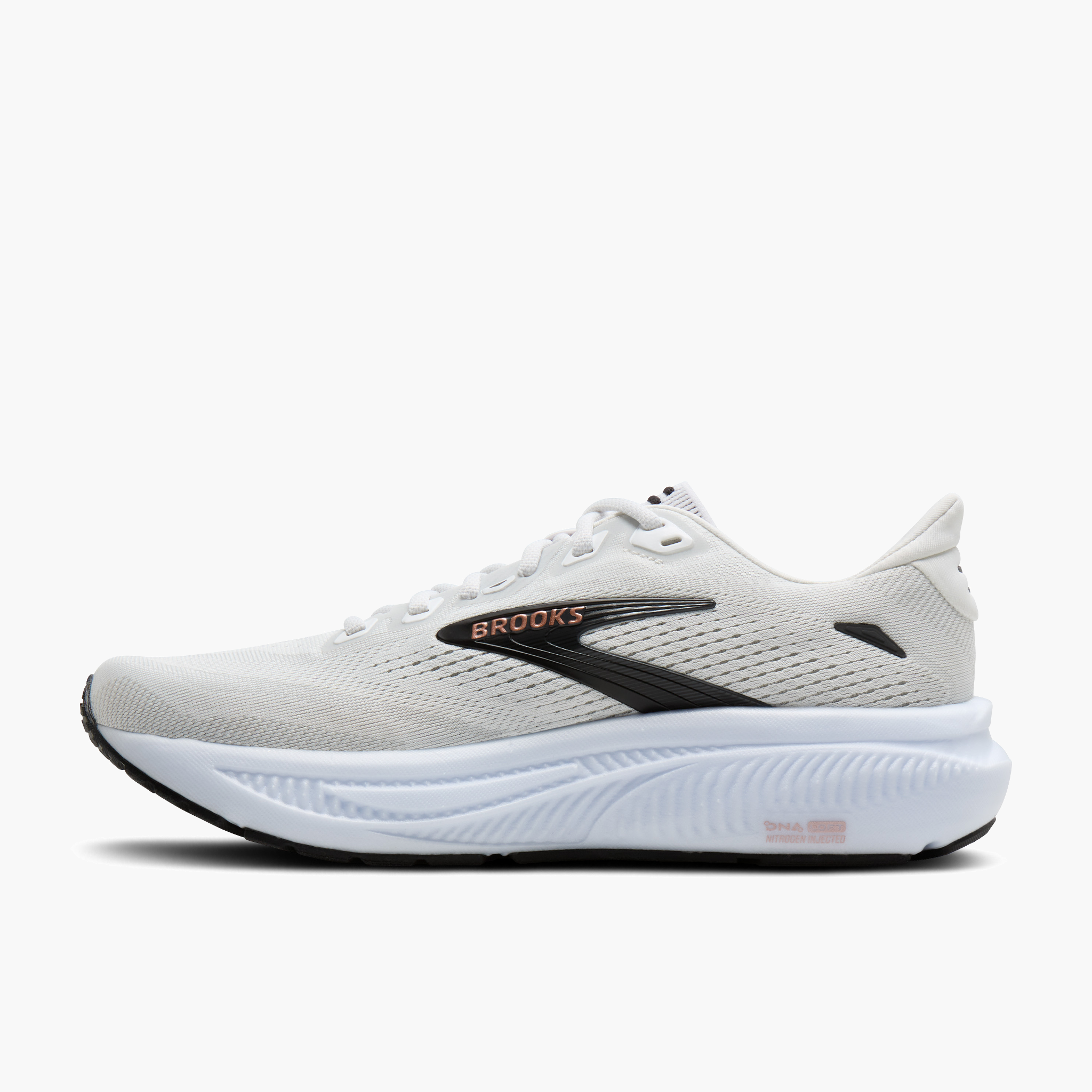 Medial angle shot of Women's Ghost 18 in White / Black / Rose Gold