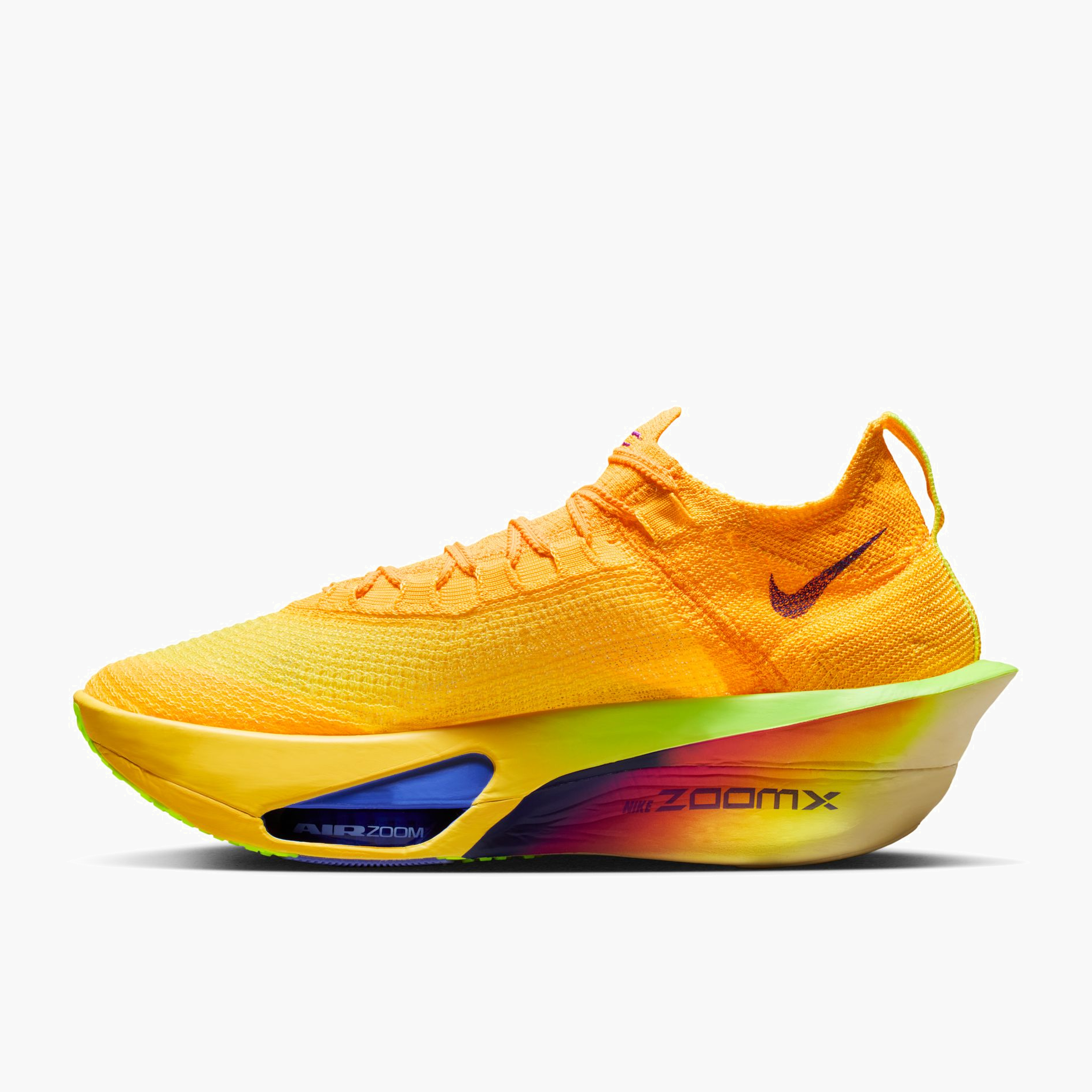 Medial angle shot of Men's Alphafly 3 in Laser Orange / Indigo Burst-Citron Pulse