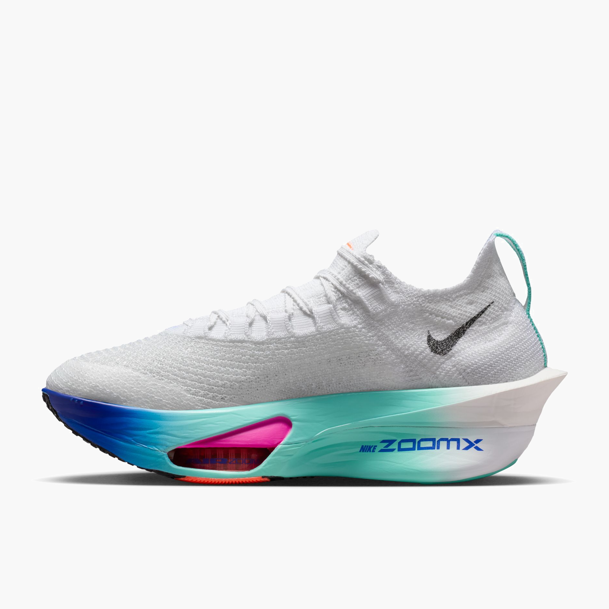 Medial angle shot of Women's Alphafly 3 in White / Black-Hyper Turq-Concord