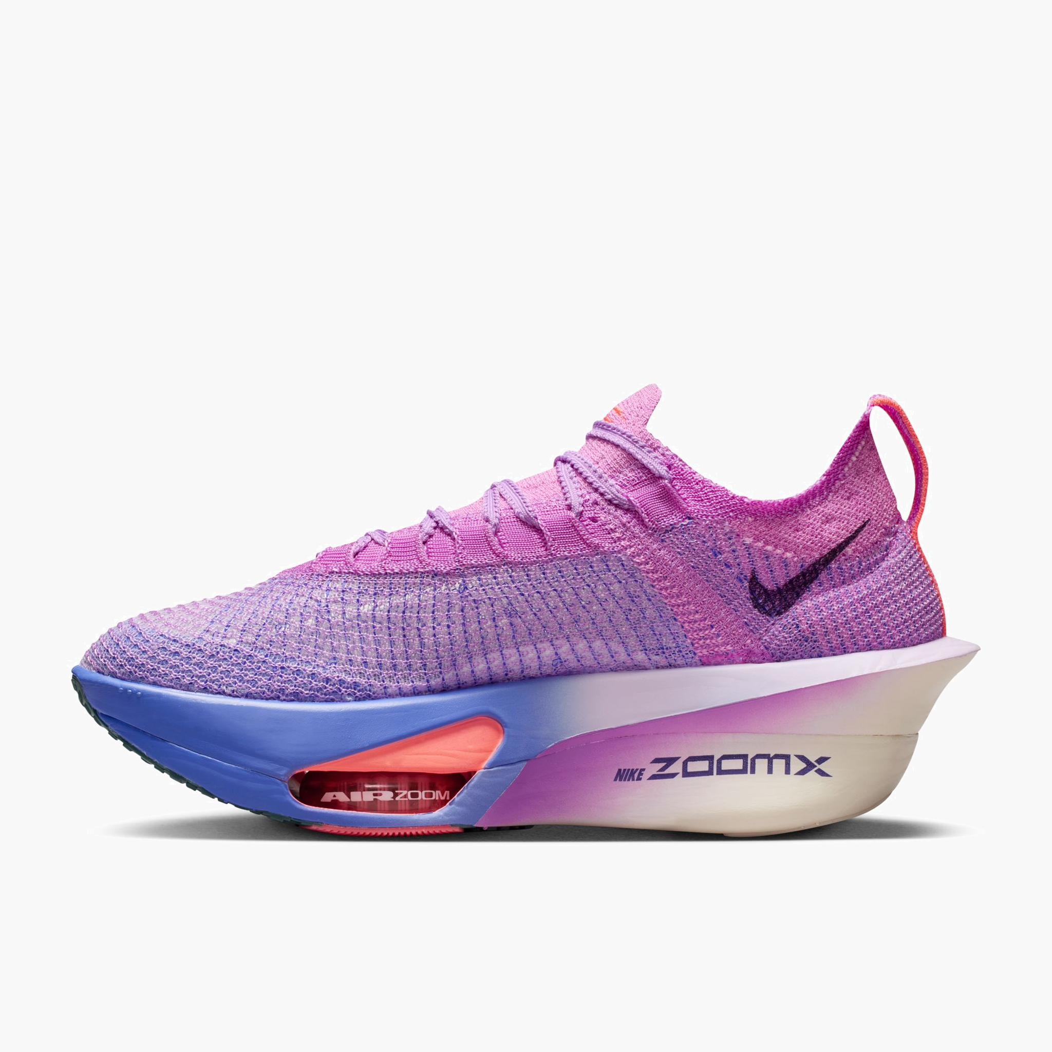 Medial angle shot of Women's Alphafly 3 in Fuchsia Glow / Purple Dynasty