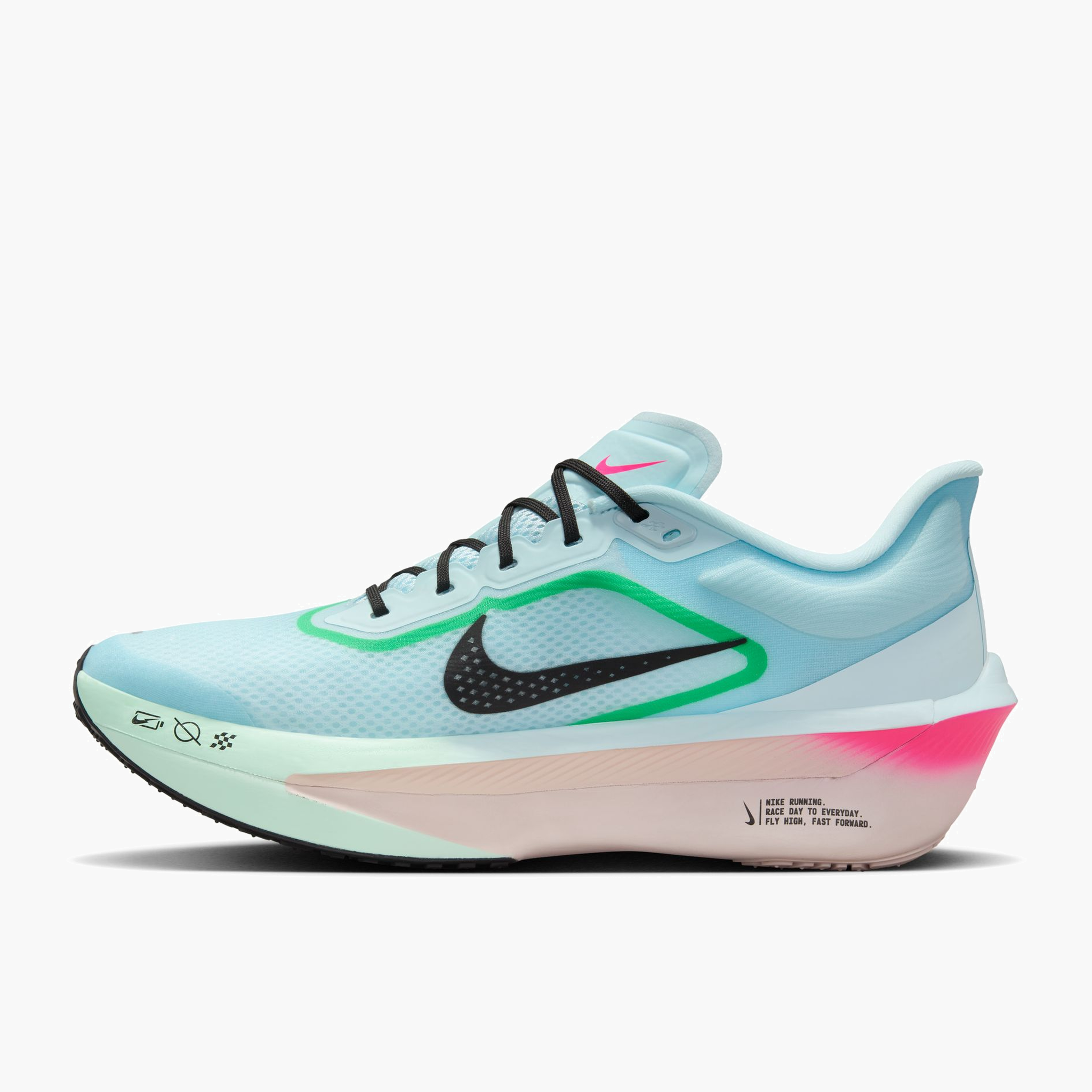 Medial angle shot of Men's Zoom Fly 6 in Glacier Ice / Black-Hyper Pink-Green Shock