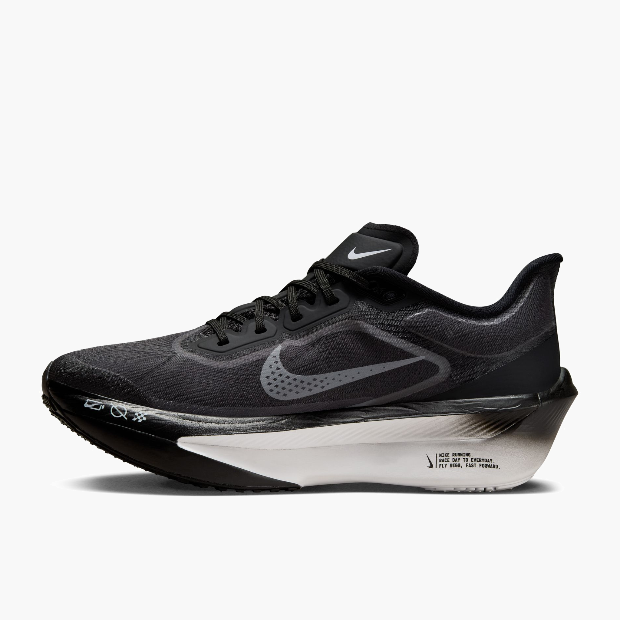 Medial angle shot of Women's Zoom Fly 6 in Black / White-Lt Smoke Grey
