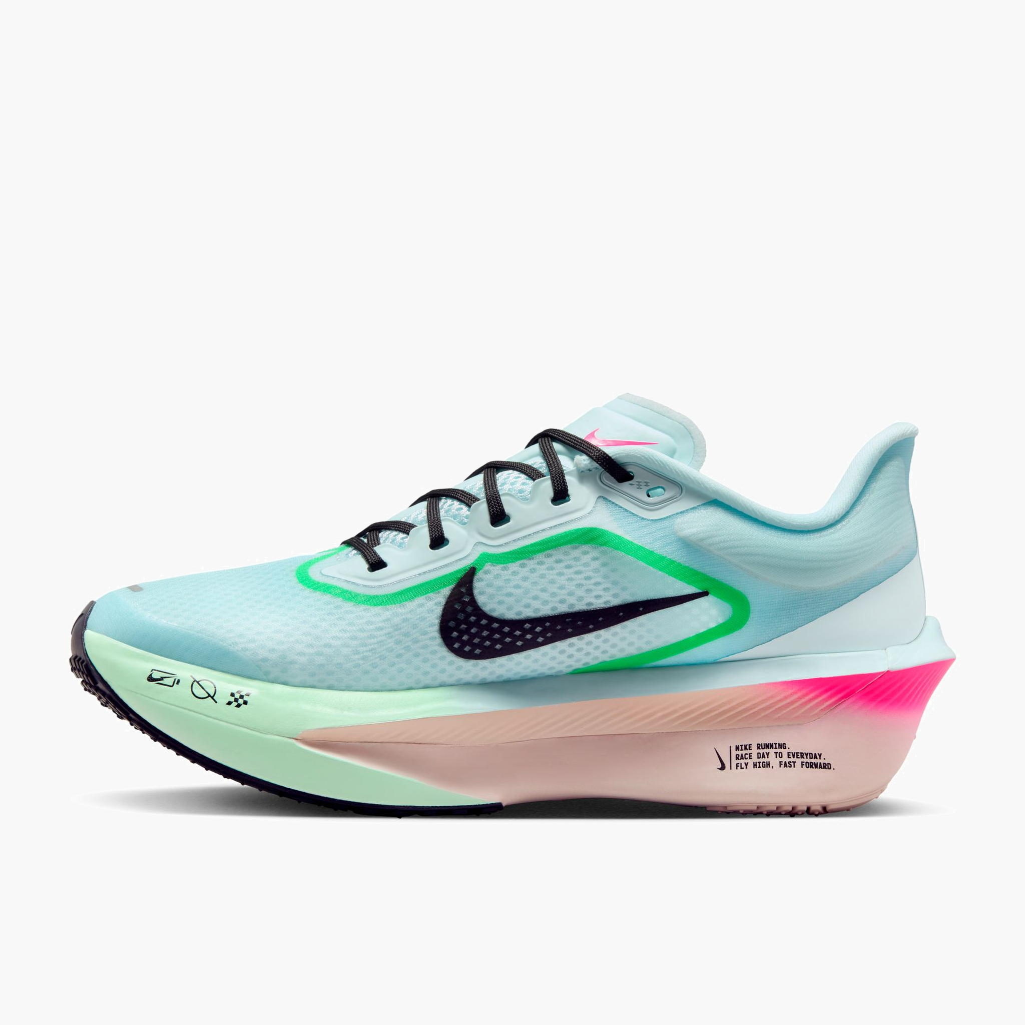 Medial angle shot of Women's Zoom Fly 6 in Glacier Ice / Black-Hyper Pink-Green Shock