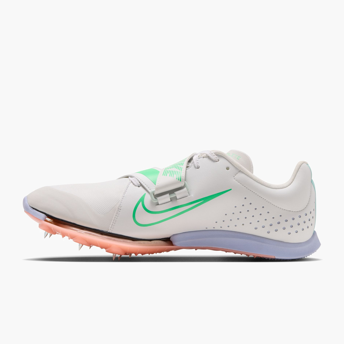 Medial angle shot of All Gender Long Jump Elite in Summit White / Electro Green-palest Purple