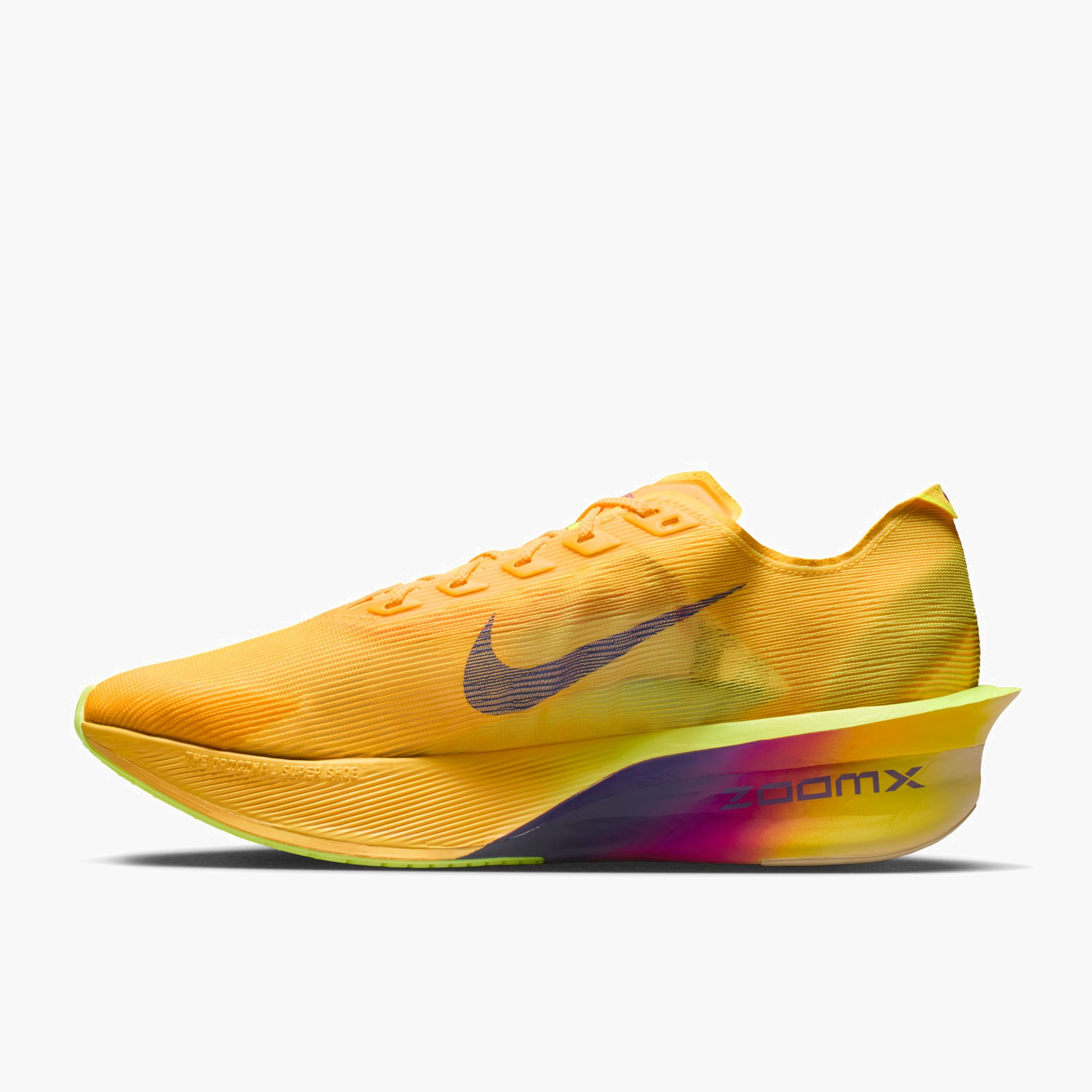Medial angle shot of Men's Vaporfly 4 in Citron Pulse / Indigo Burst-Laser Orange