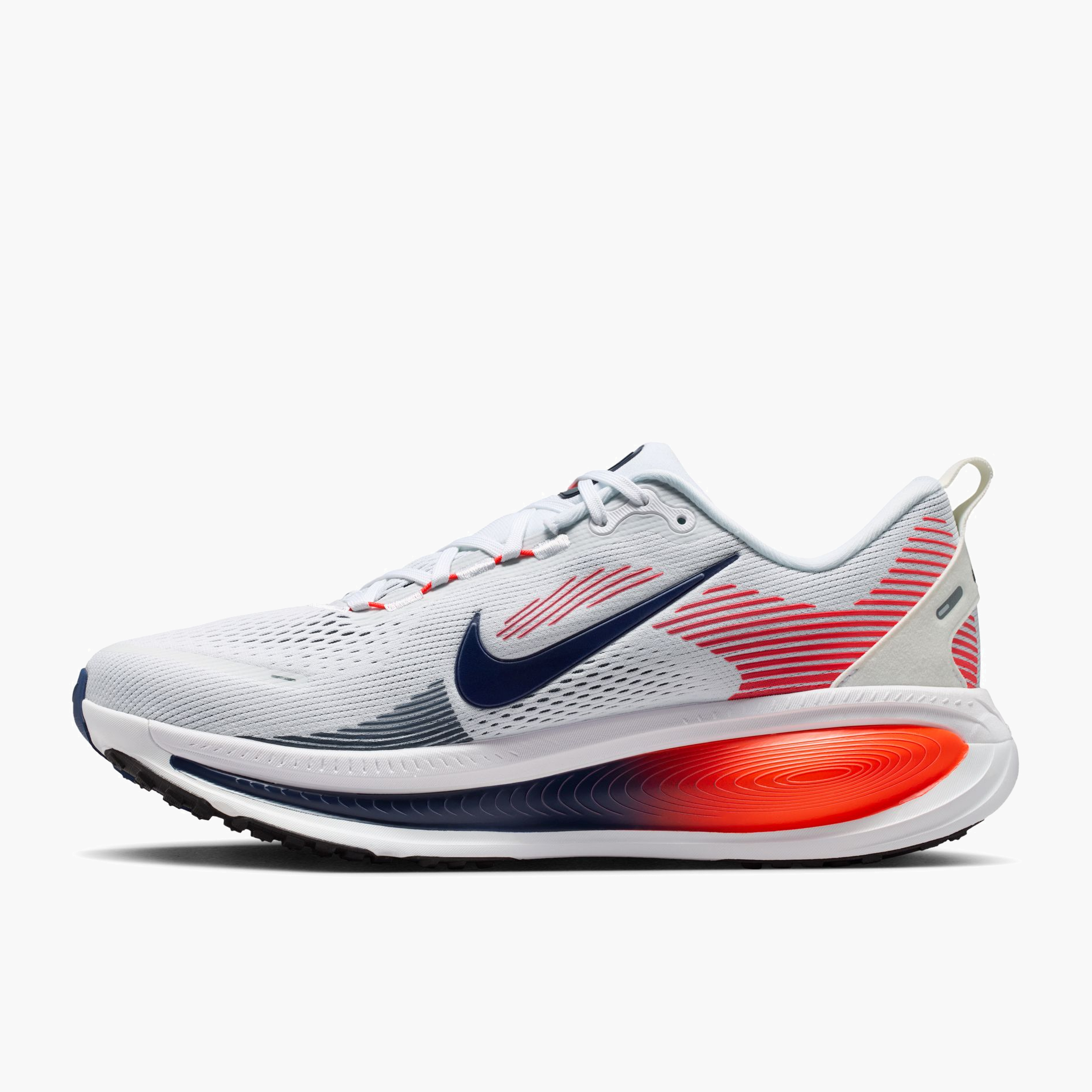 Medial angle shot of Men's Vomero 18 in White / Midnight Navy-Bright Crimson-Black