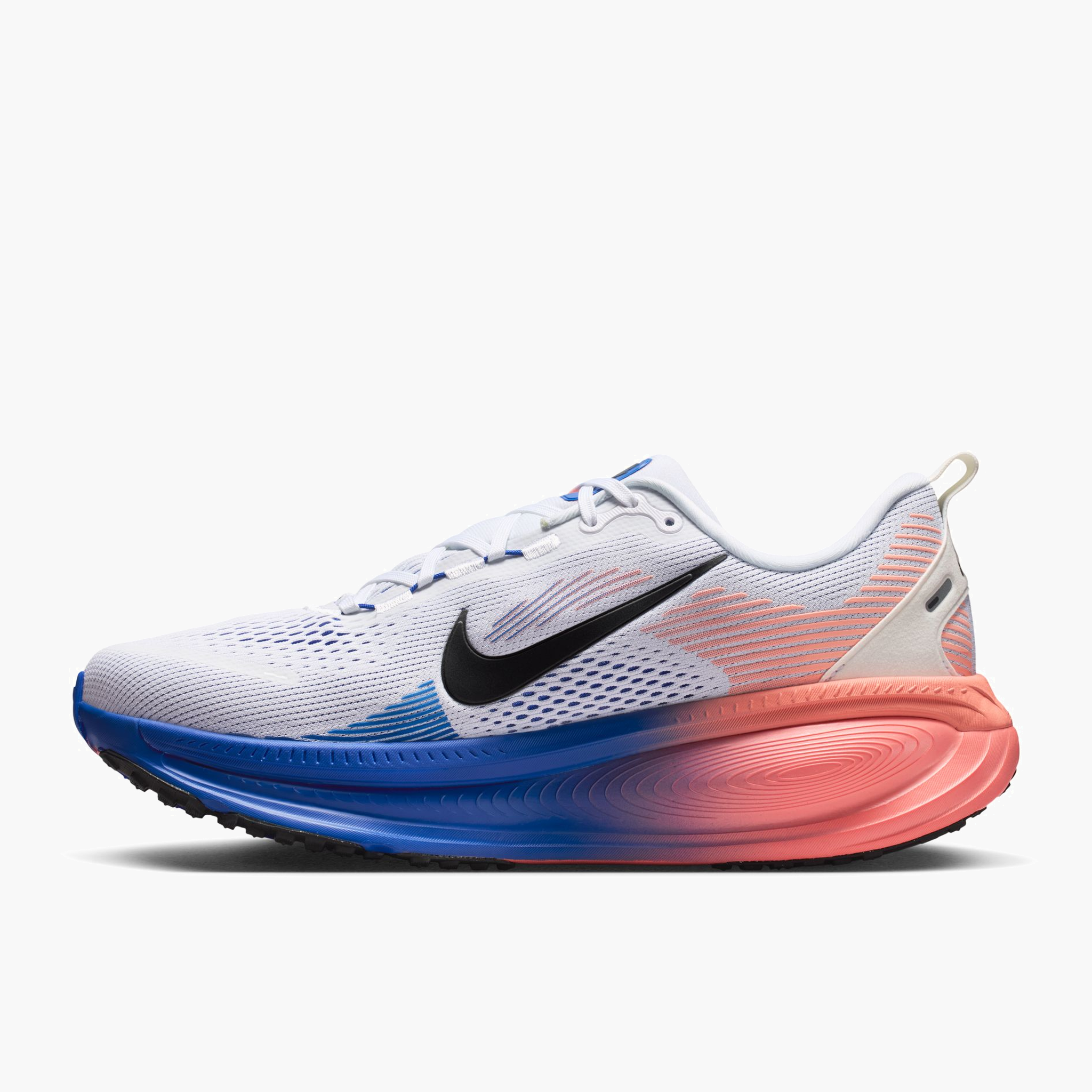 Medial angle shot of Men's Vomero 18 in White / Black-Racer Blue-Atomic Pink