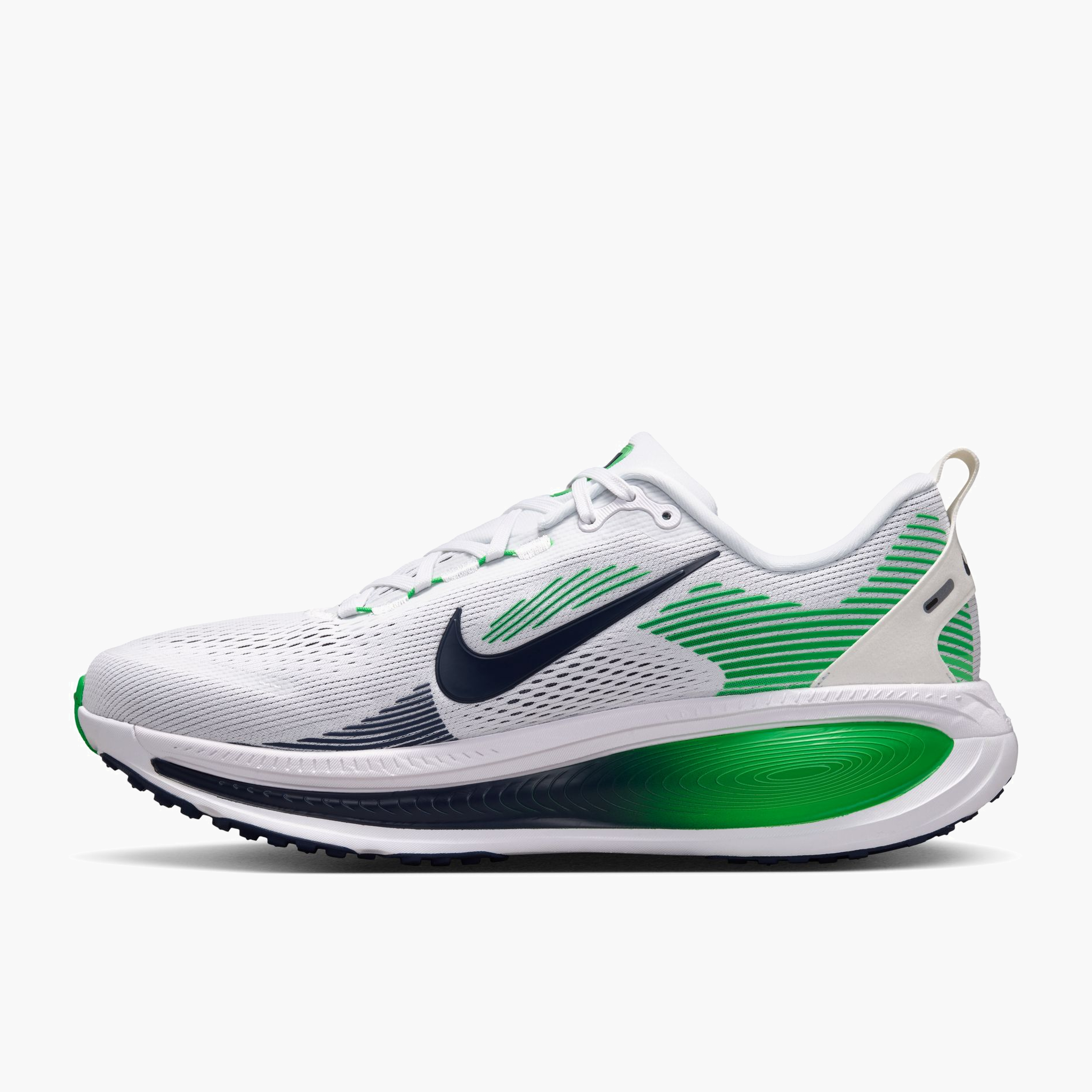 Medial angle shot of Men's Vomero 18 in White / Midnight Navy-Green Spark
