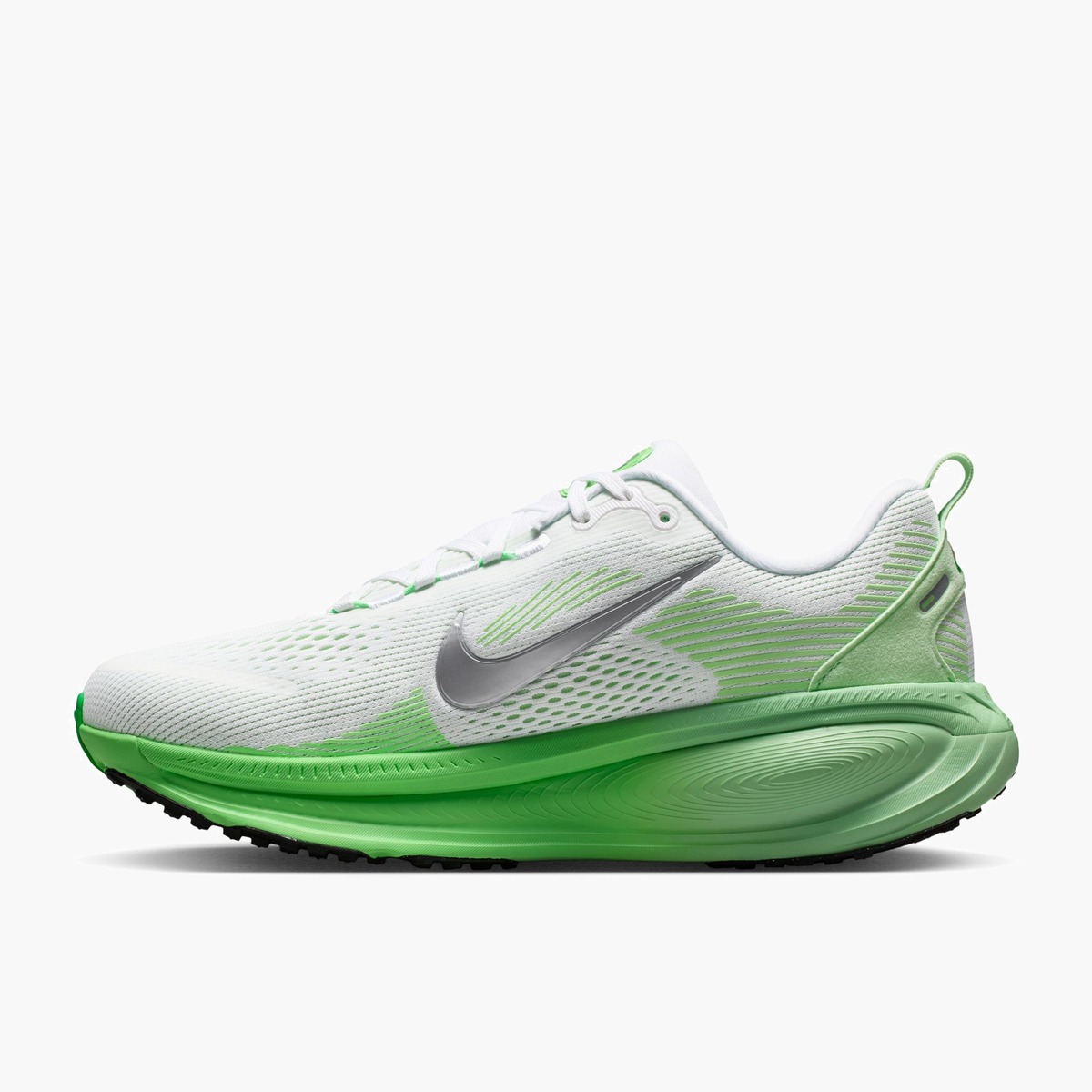 Medial angle shot of Women's Vomero 18 in White / Metallic Silver-Illusion Green