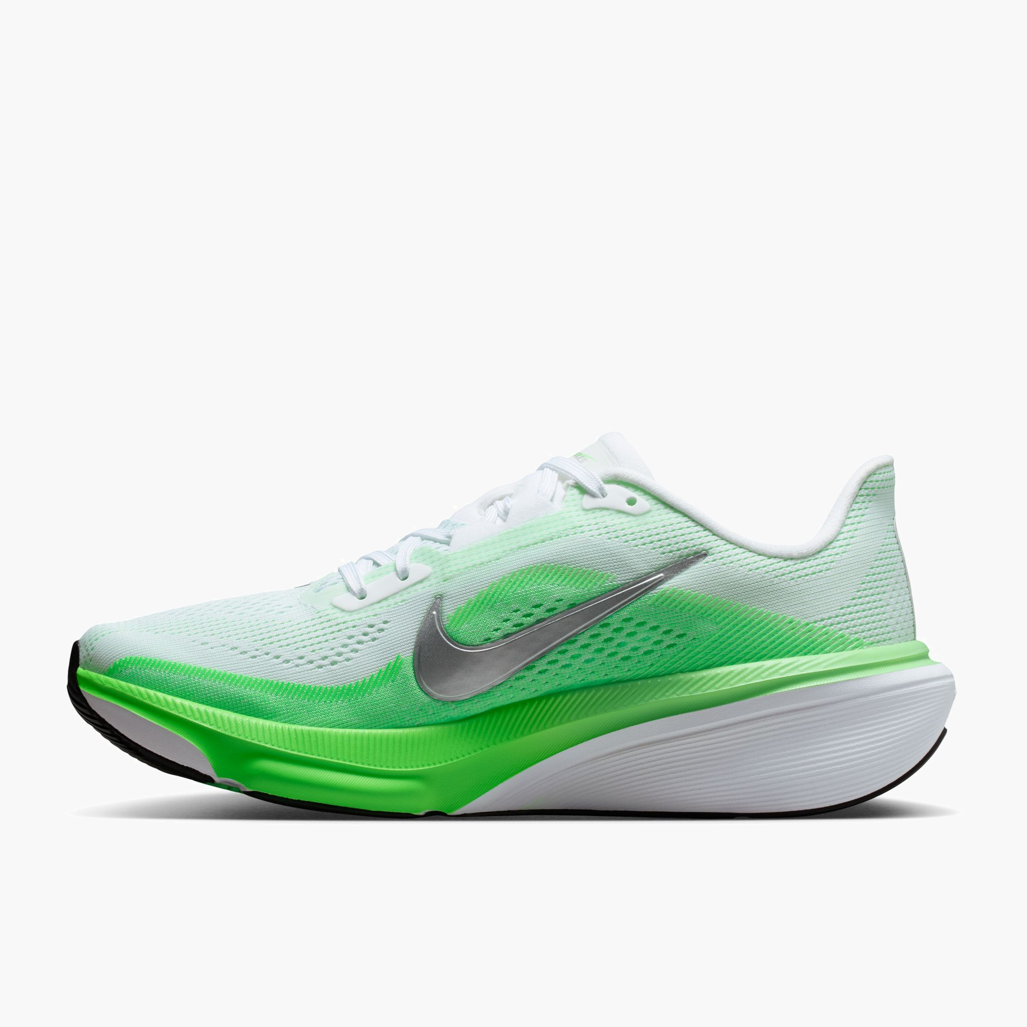 Medial angle shot of Women's Pegasus 42 in White / Metallic Silver-Green Strike