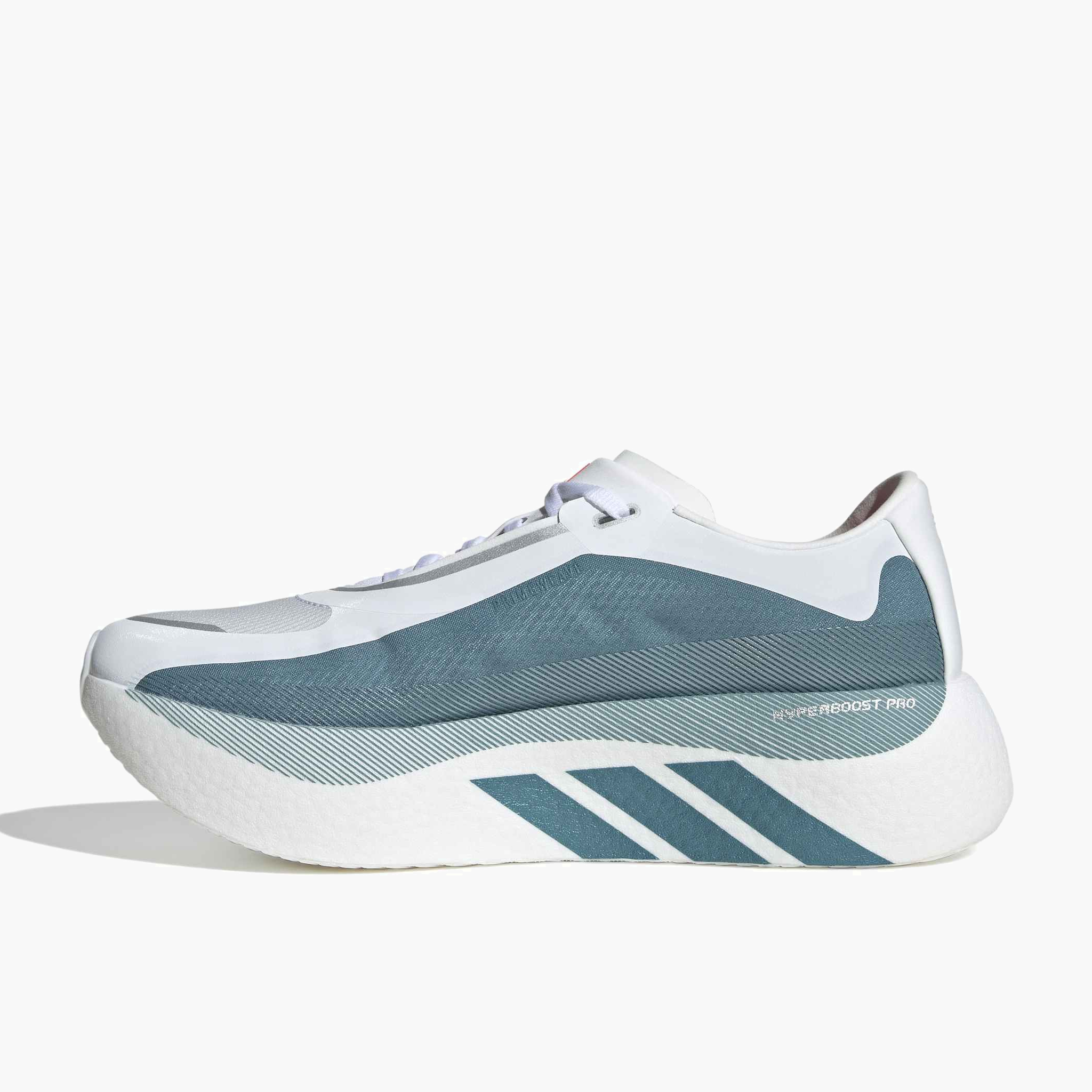 Medial angle shot of Men's Hyperboost Edge in Ftwr White / Petrol Met. / Lucid Red