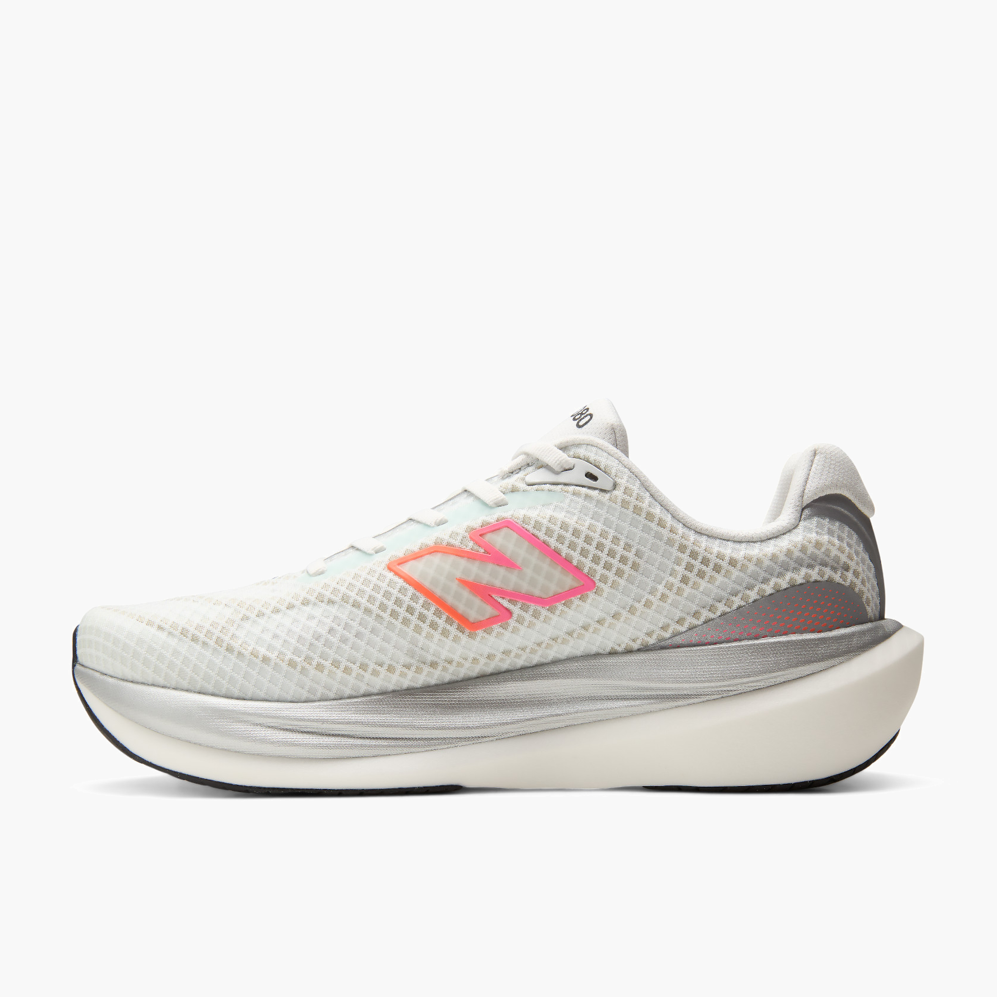 Medial angle shot of Men's 1080 v15 in White / Pinkheat / Tangerineheat