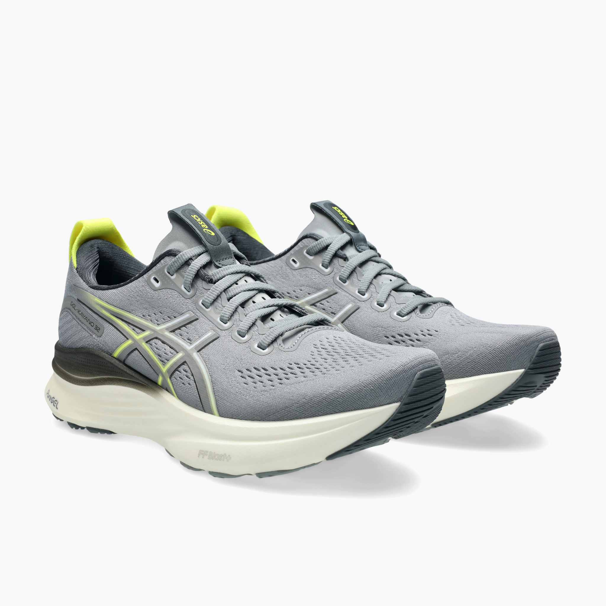 3/4 angle shot of Men's Gel-Kayano 32 in Gravel / Citron