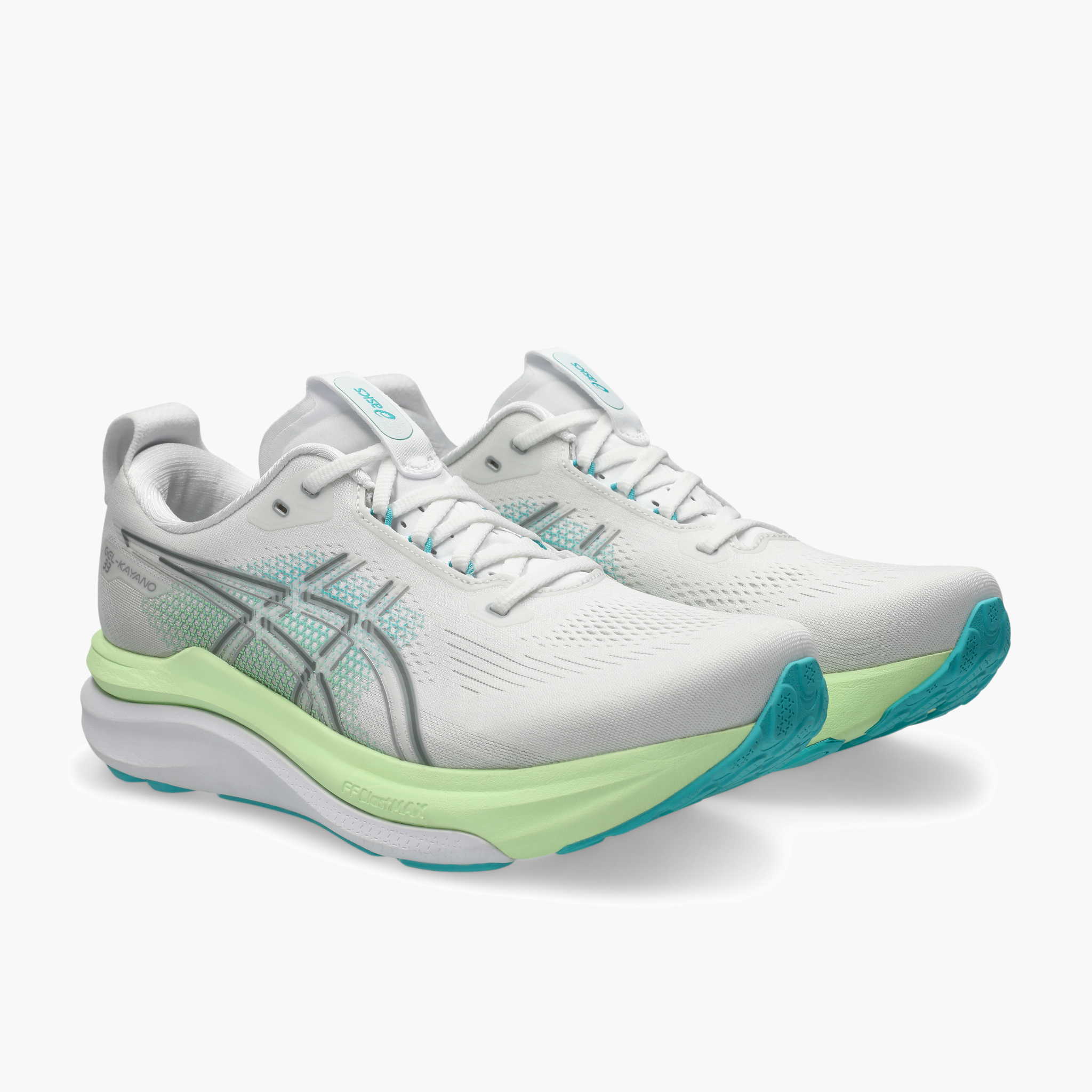 3/4 angle shot of Men's Gel-Kayano 33 in White / Energy Aqua