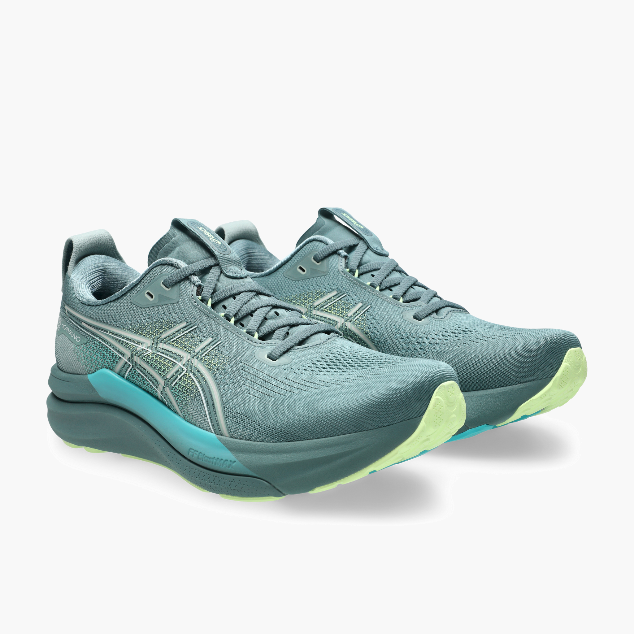 3/4 angle shot of Men's Gel-Kayano 33 in Foggy Teal / Illuminate Yellow