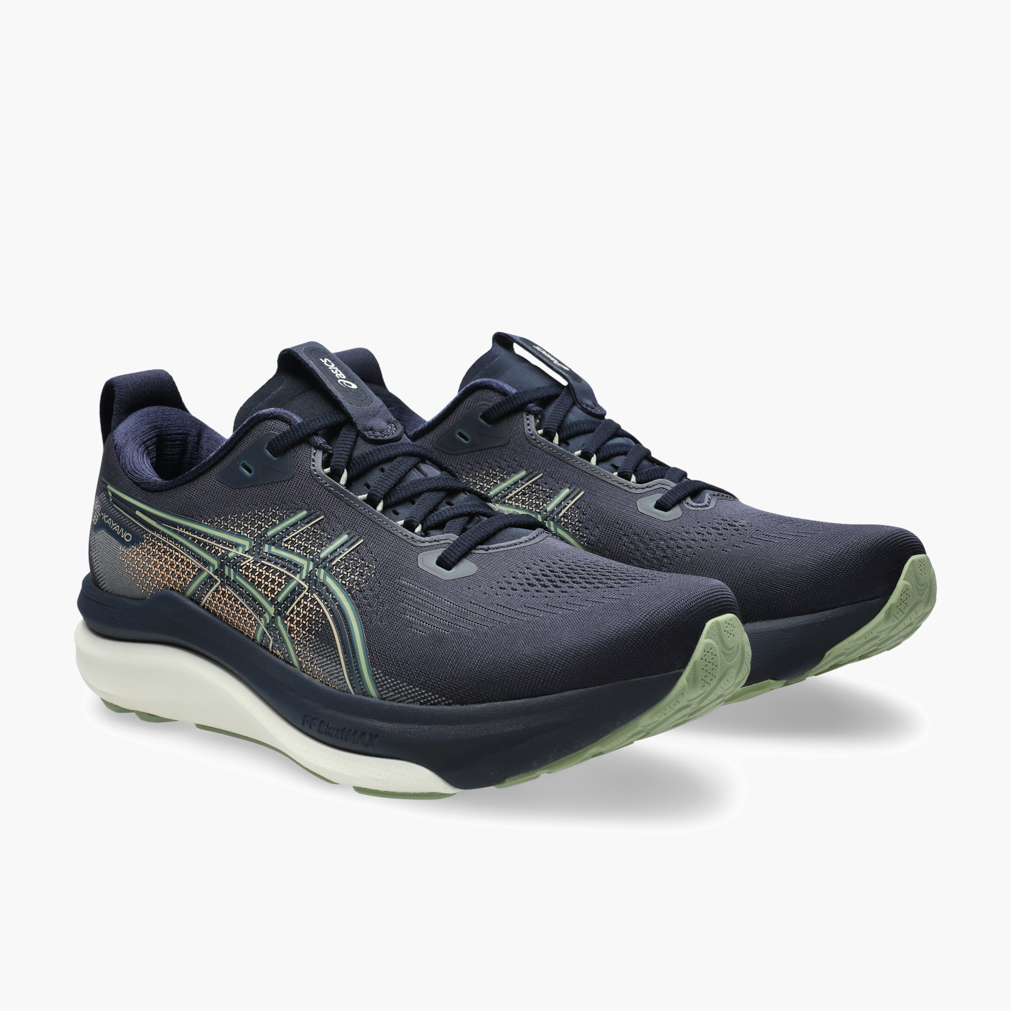 3/4 angle shot of Men's Gel-Kayano 33 in Midnight / Khaki Green