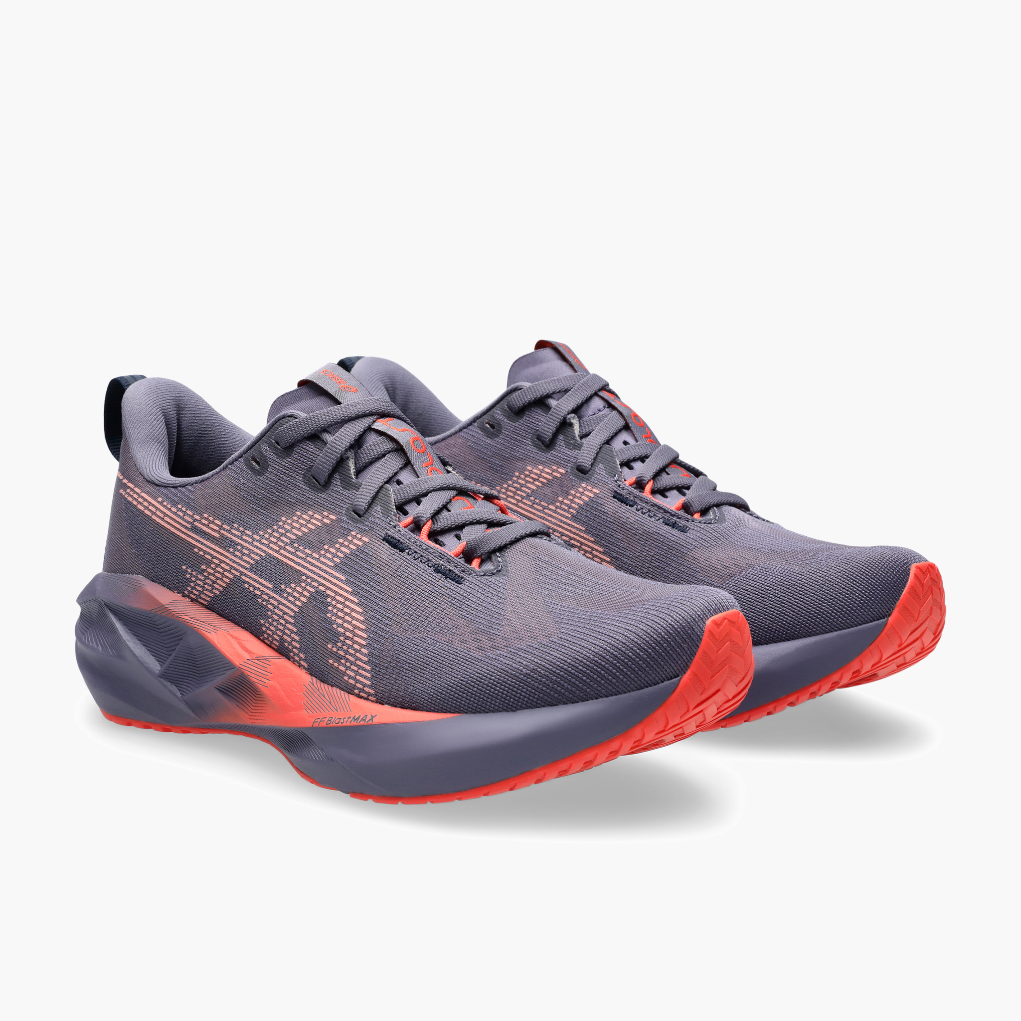 3/4 angle shot of Women's Novablast 5 in Greyish Purple/coral Reef