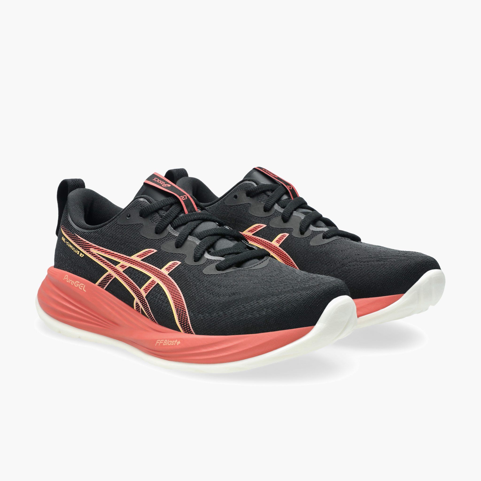 3/4 angle shot of Women's Gel-Cumulus 27 in Black / Orange Glow