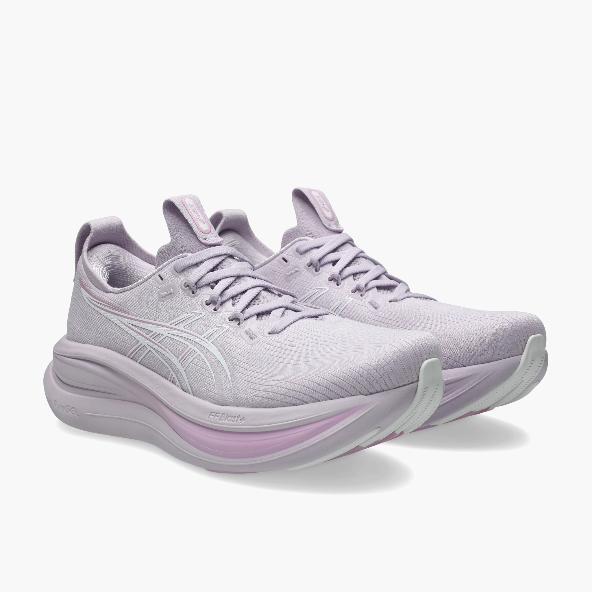 3/4 angle shot of Women's Gel-Nimbus 28 in Dahlia / White