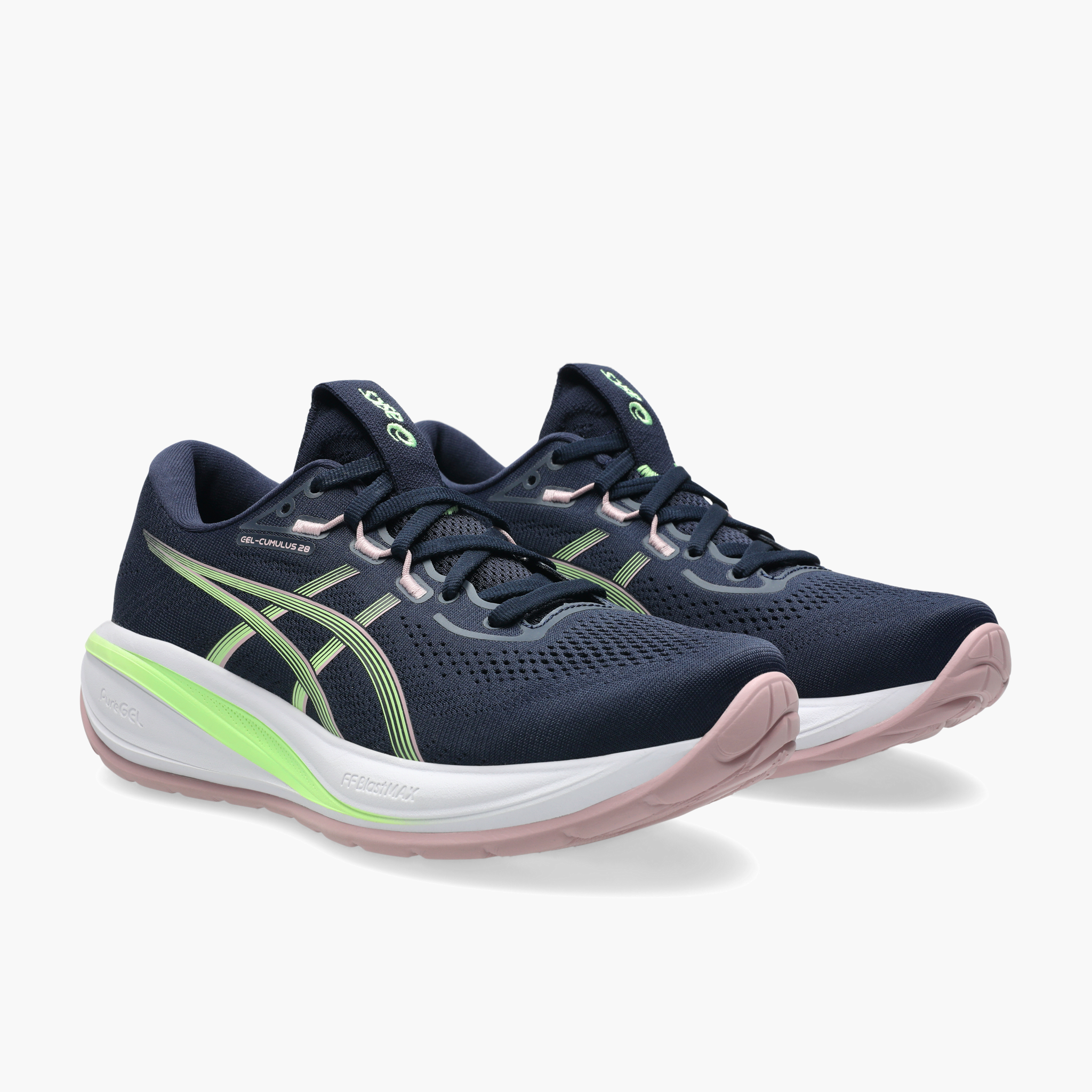 3/4 angle shot of Women's Gel-Cumulus 28 in Midnight / Illuminate Green