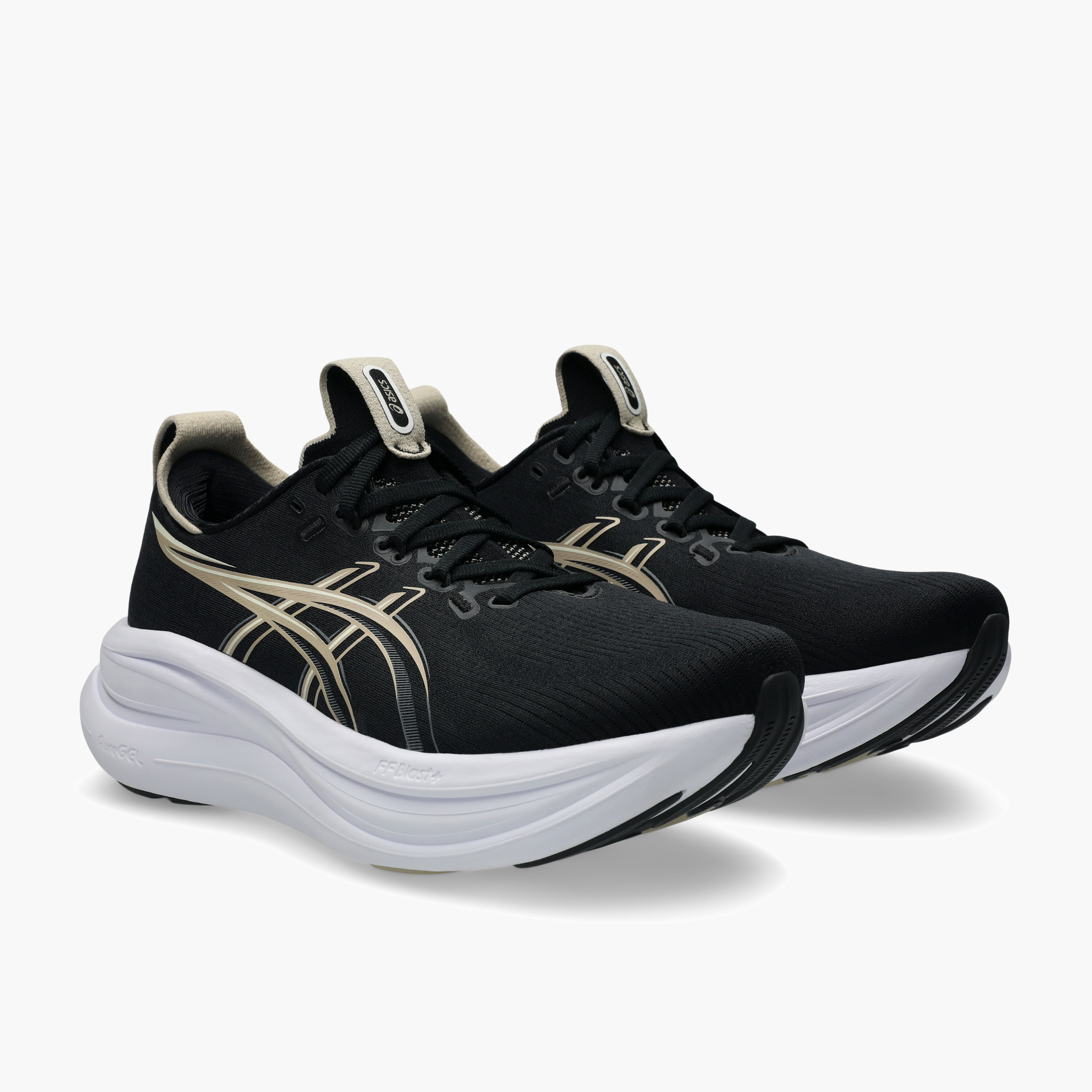 3/4 angle shot of Women's Gel-Nimbus 28 in Black / Feather Grey